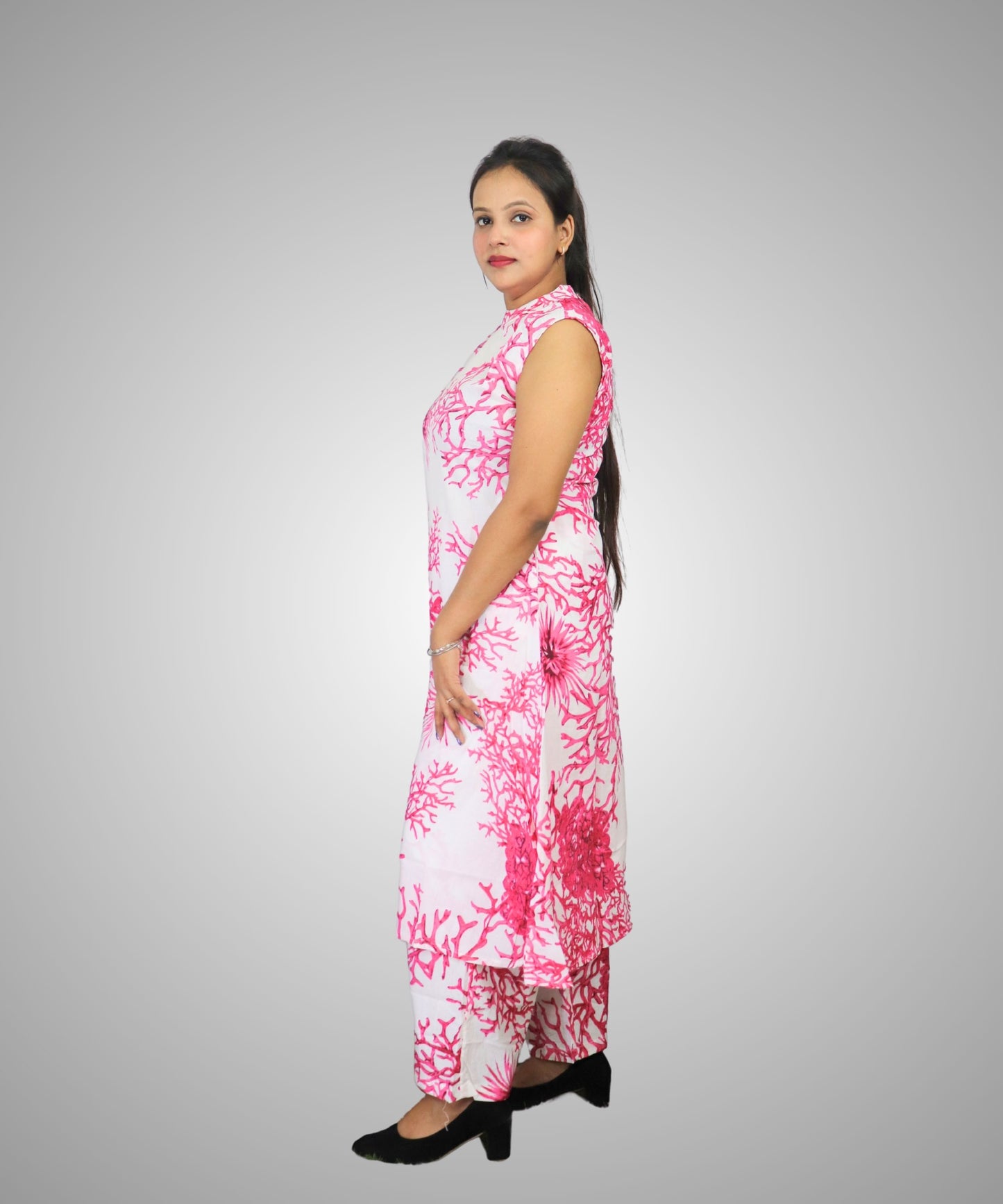 Women's Floral Print Sleeveless Co-ord Set, White and Pink, Coral Pattern