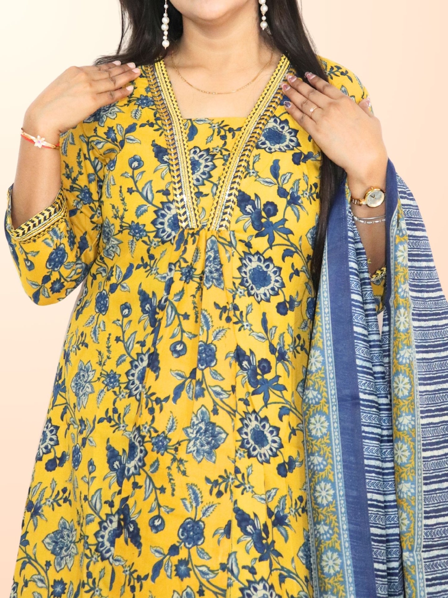 Women Block Printed Anarkali Kurta And Pant Set With Dupatta