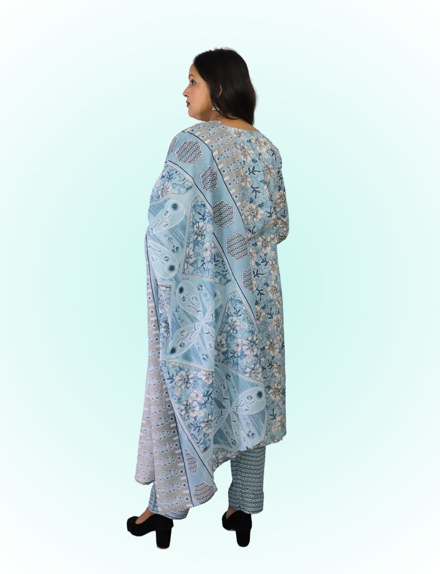 Floral Cotton Salwar Suit Set, Blue with Flowers, Matching Pants, Dupatta