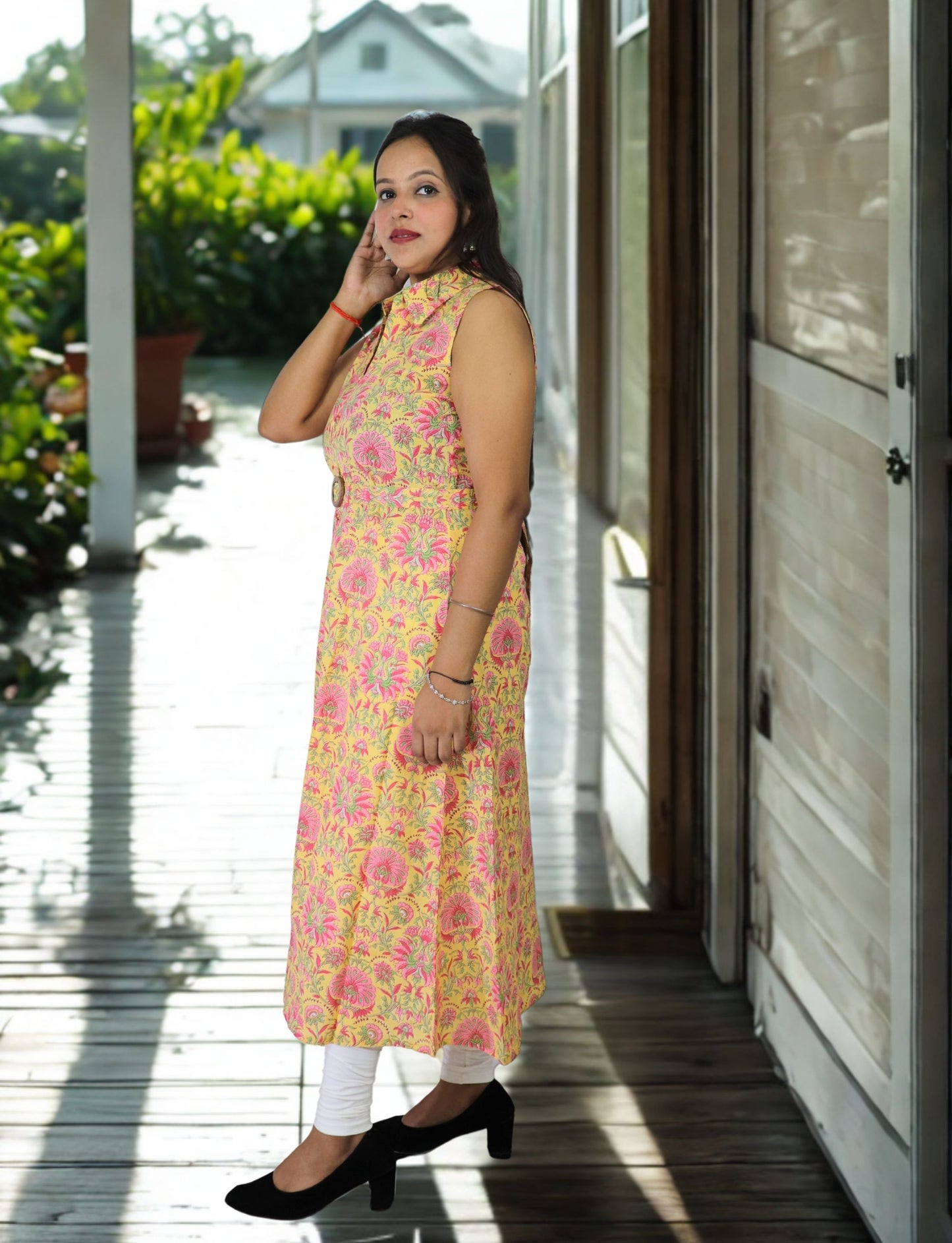 Vedickulture Floral Print Sleeveless Long A-line Kurta, Yellow and Pink, Collared Neck with Belt