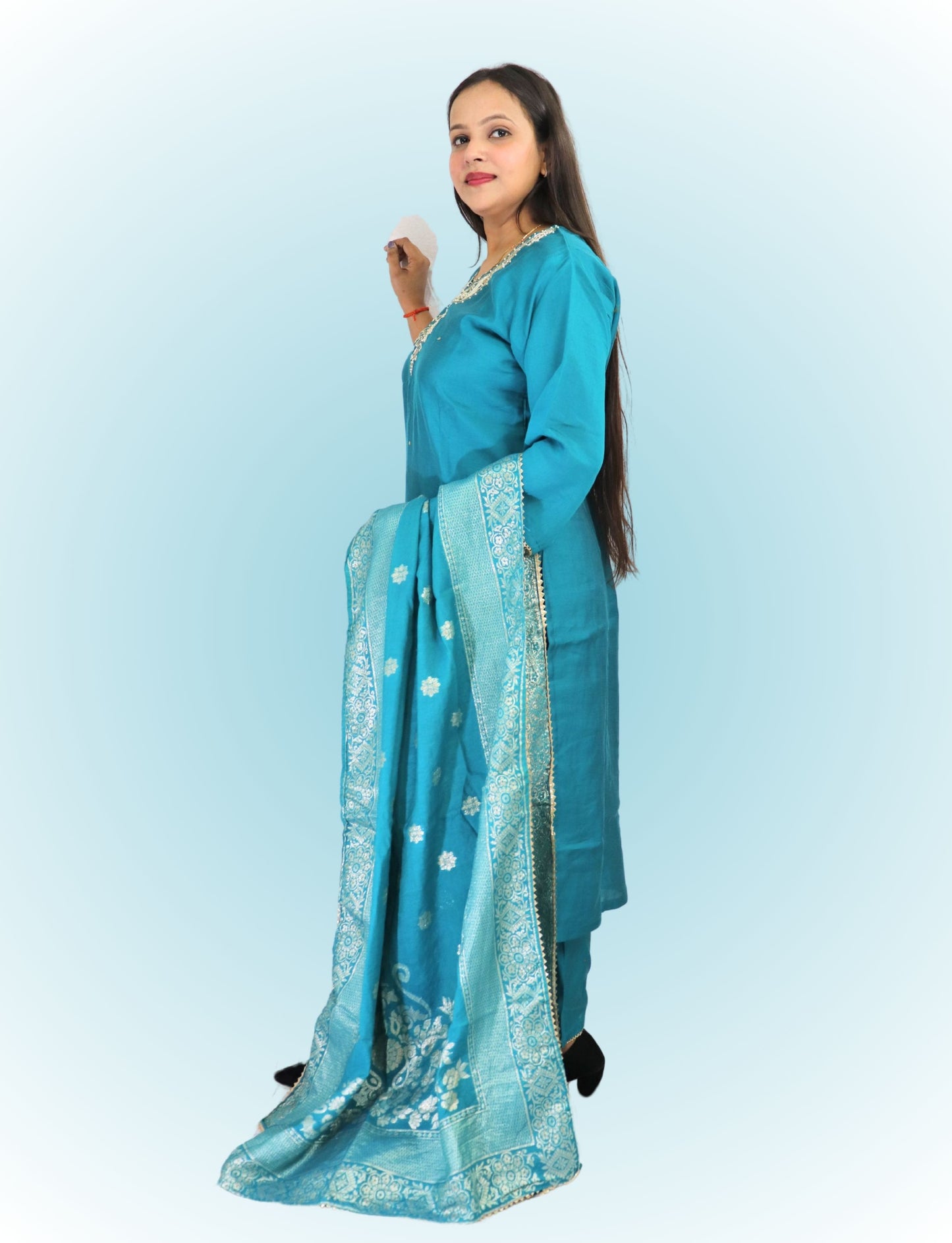 Traditional Turquoise Cotton blend with silk Salwar Suit with Embroidered Dupatta, Full Length