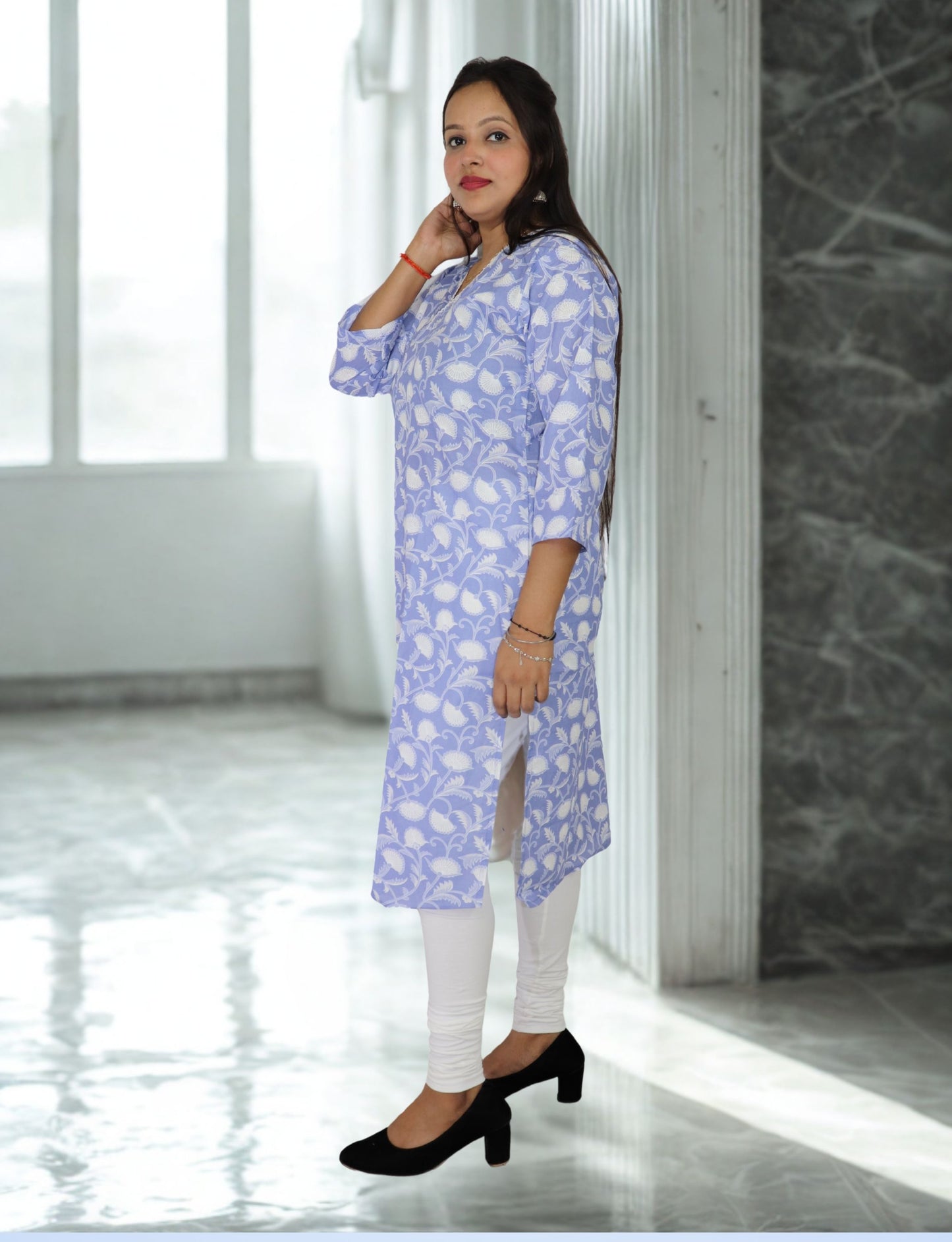 Vedickulture Floral Print Cotton Kurti, V-Neck, 3/4 Sleeve, Light Blue and White, Casual Wear
