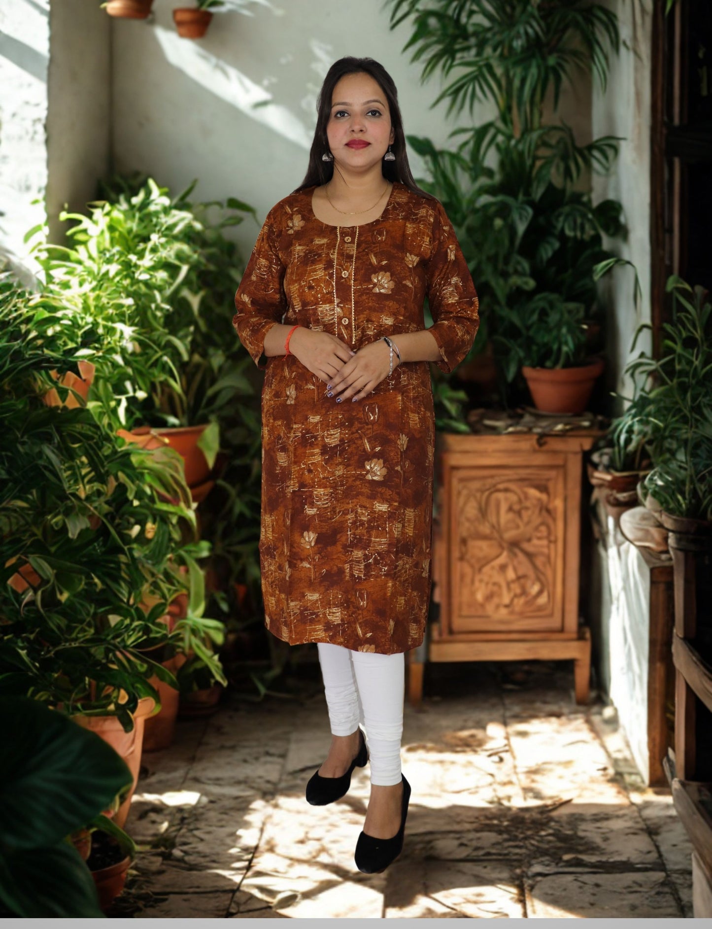 Women's Brown Floral Print Cotton Kurti, 3/4 Sleeve, Button Front, Casual Wear