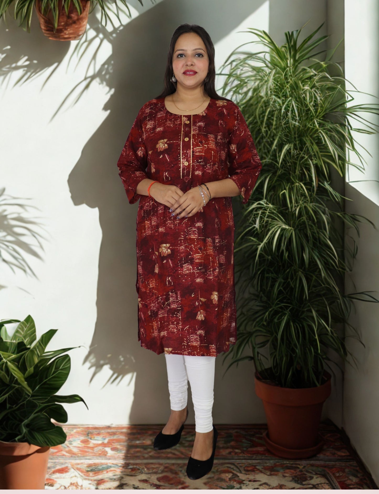 Women's Maroon Floral Print Cotton Kurti with Button Detail, 3/4 Sleeves
