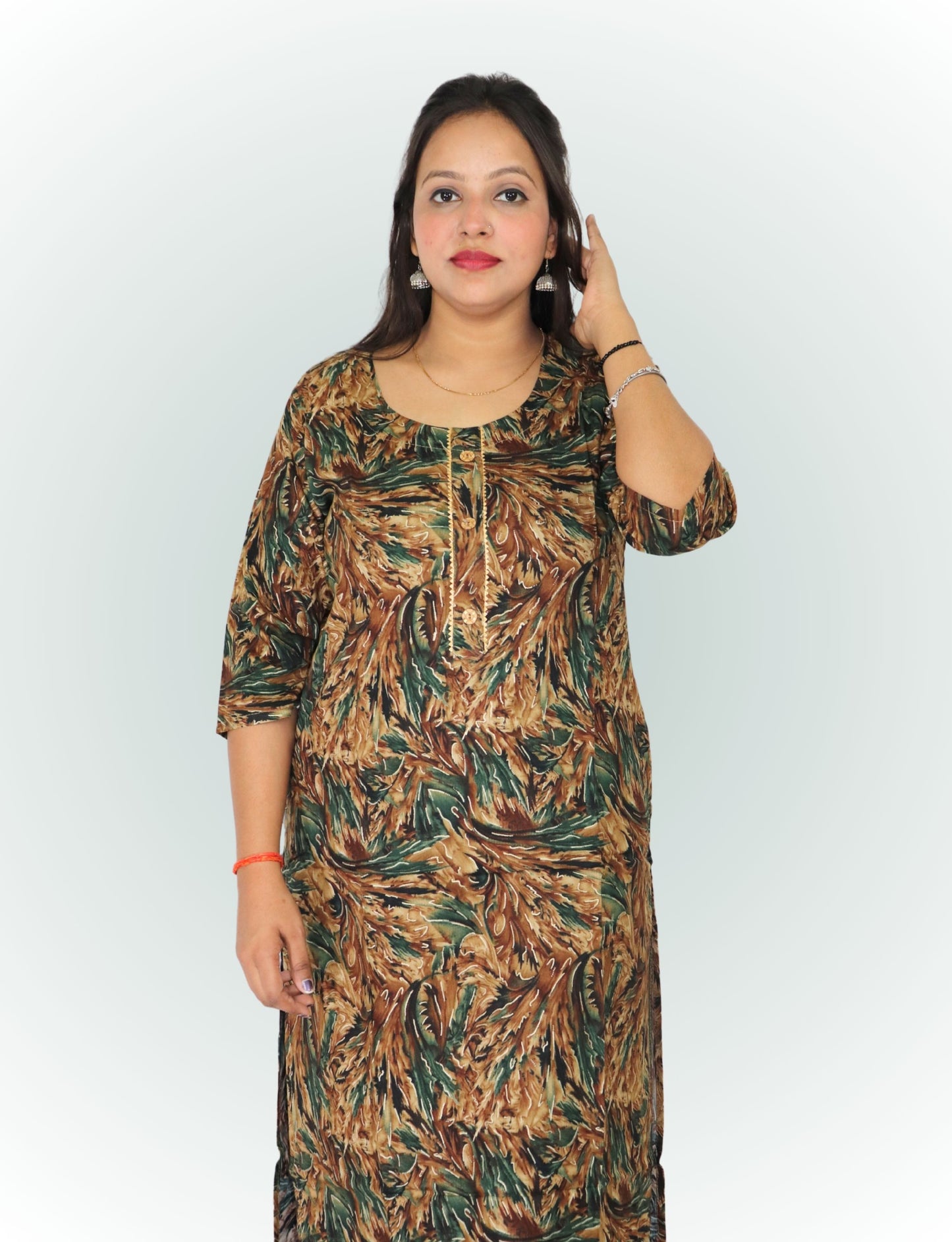 Women's Printed Cotton Kurti, 3/4 Sleeve, Brown and Green Leaf Pattern, Casual Wear