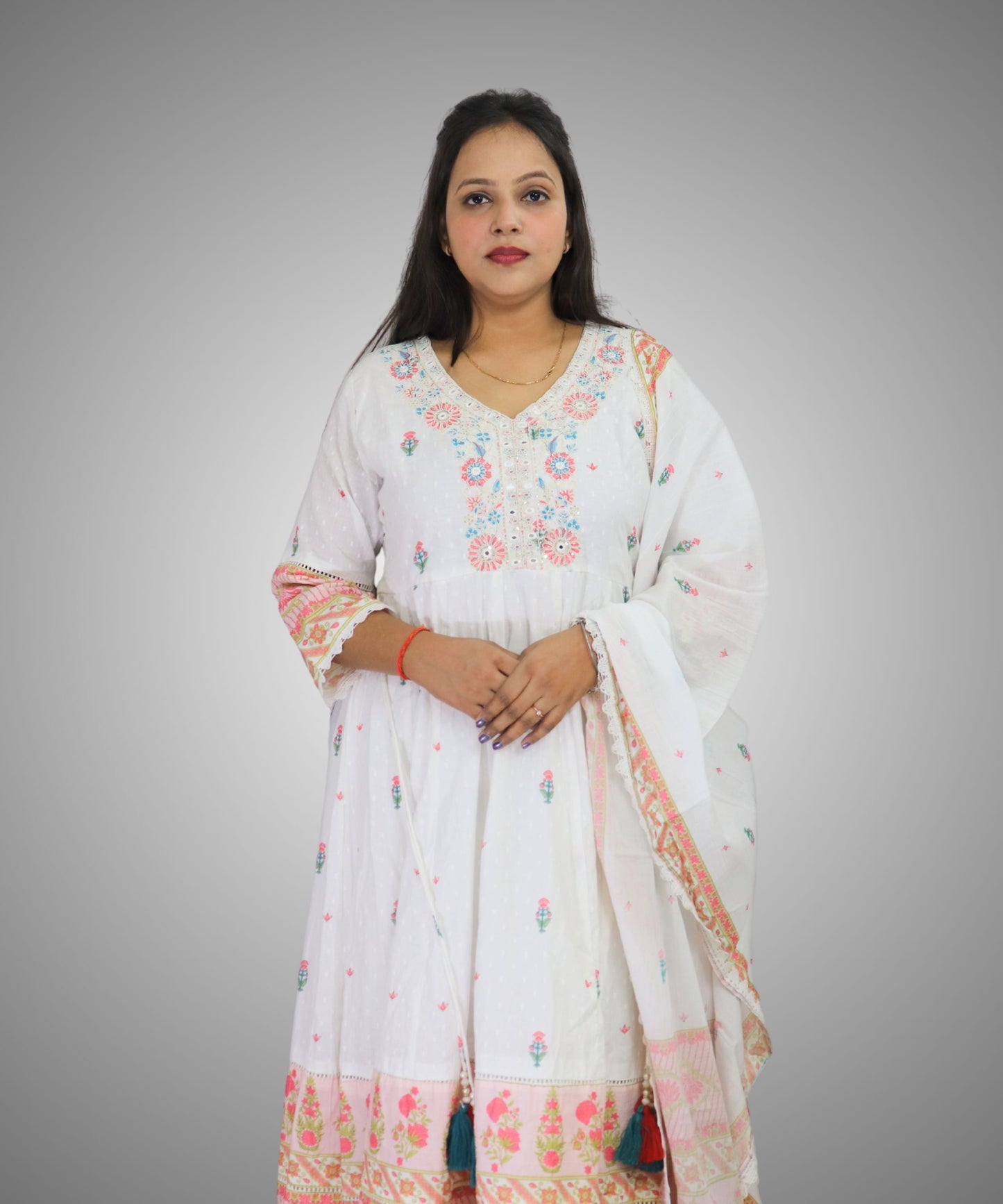 Vedickulture White Cotton Anarkali Suit with Floral Embroidery for Women, Evening wear, 3/4 Sleeves, Dupatta and Pants Set