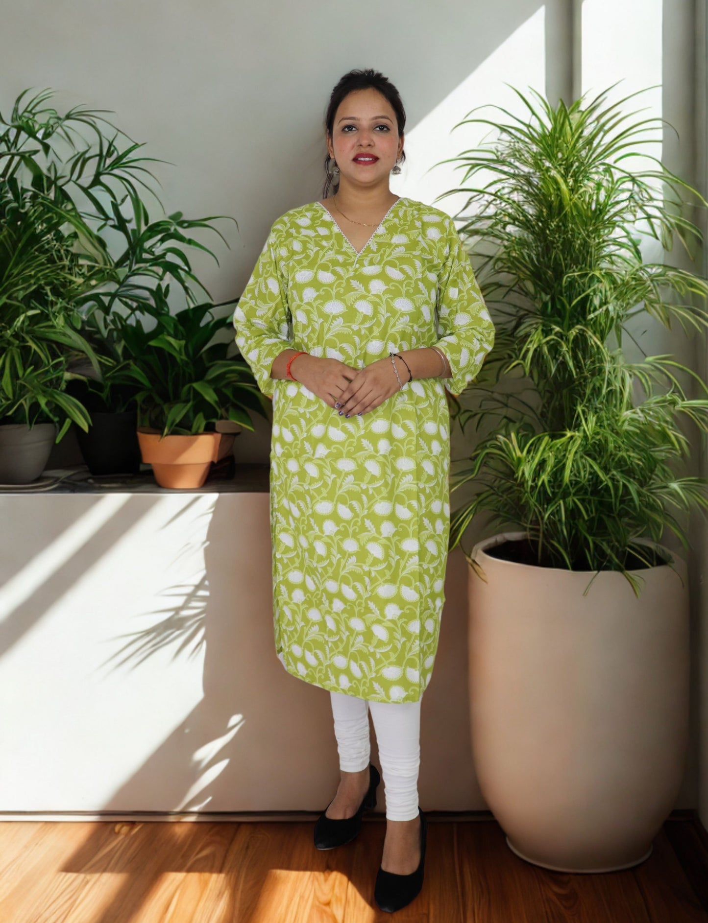 Vedickulture Floral Print Cotton Kurti, V-Neck, Long Sleeve, Lime Green and White, Casual Wear