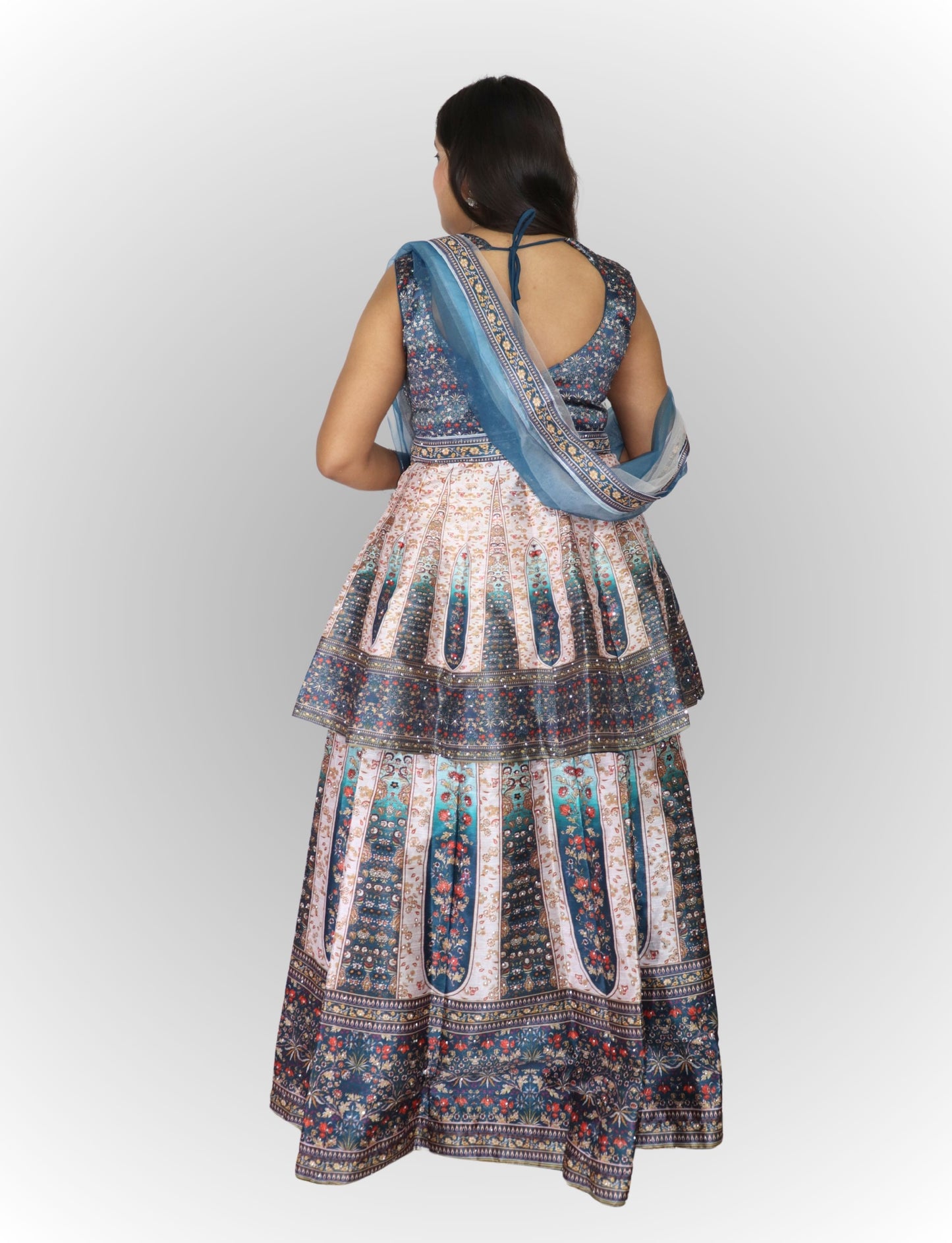 Lehenga Choli Set with Floral Print, Blue and White Embroidered, Net Dupatta