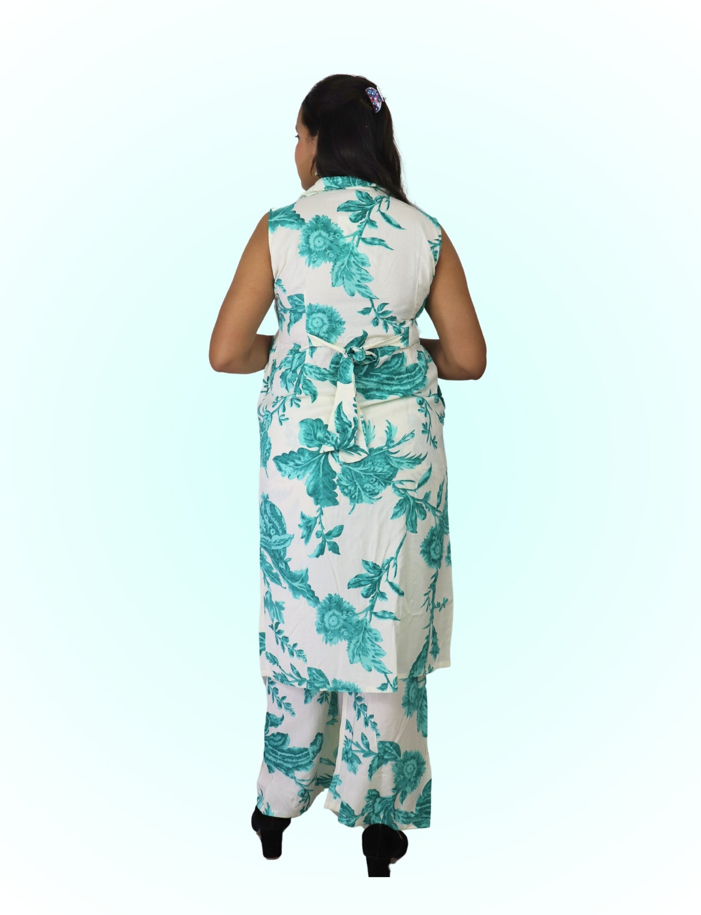 Women's Floral Print Sleeveless Co-ord Set, White and Turquoise, Cotton Blend