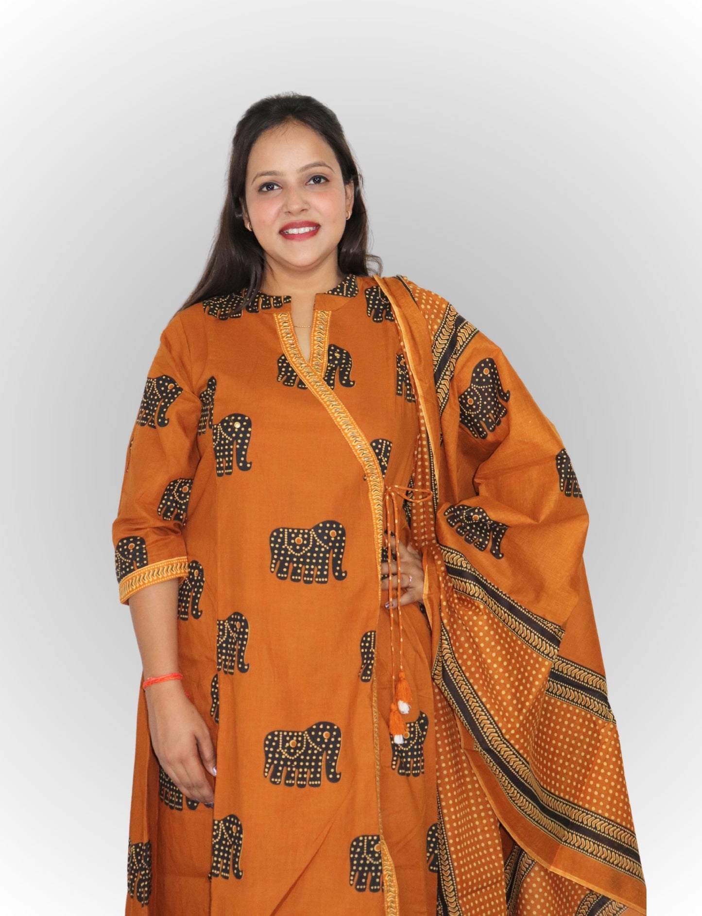 Traditional Elephant Print Angrakha Kurta Set with Pants, Cotton, 3/4 Sleeve