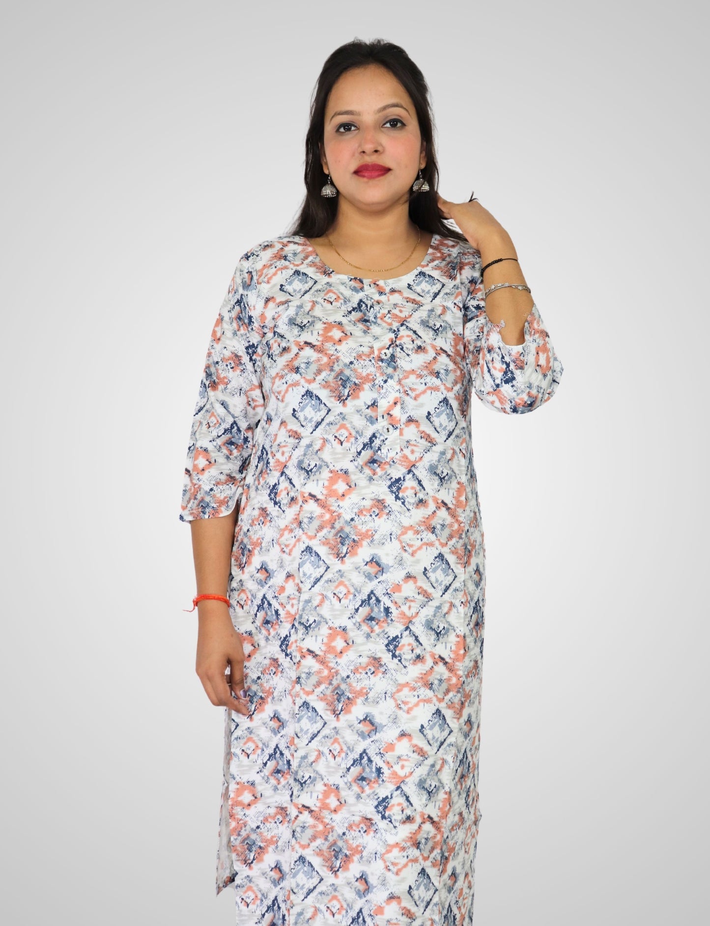 Women's Cotton Kurti with Geometric Print, 3/4 Sleeve, Casual Wear