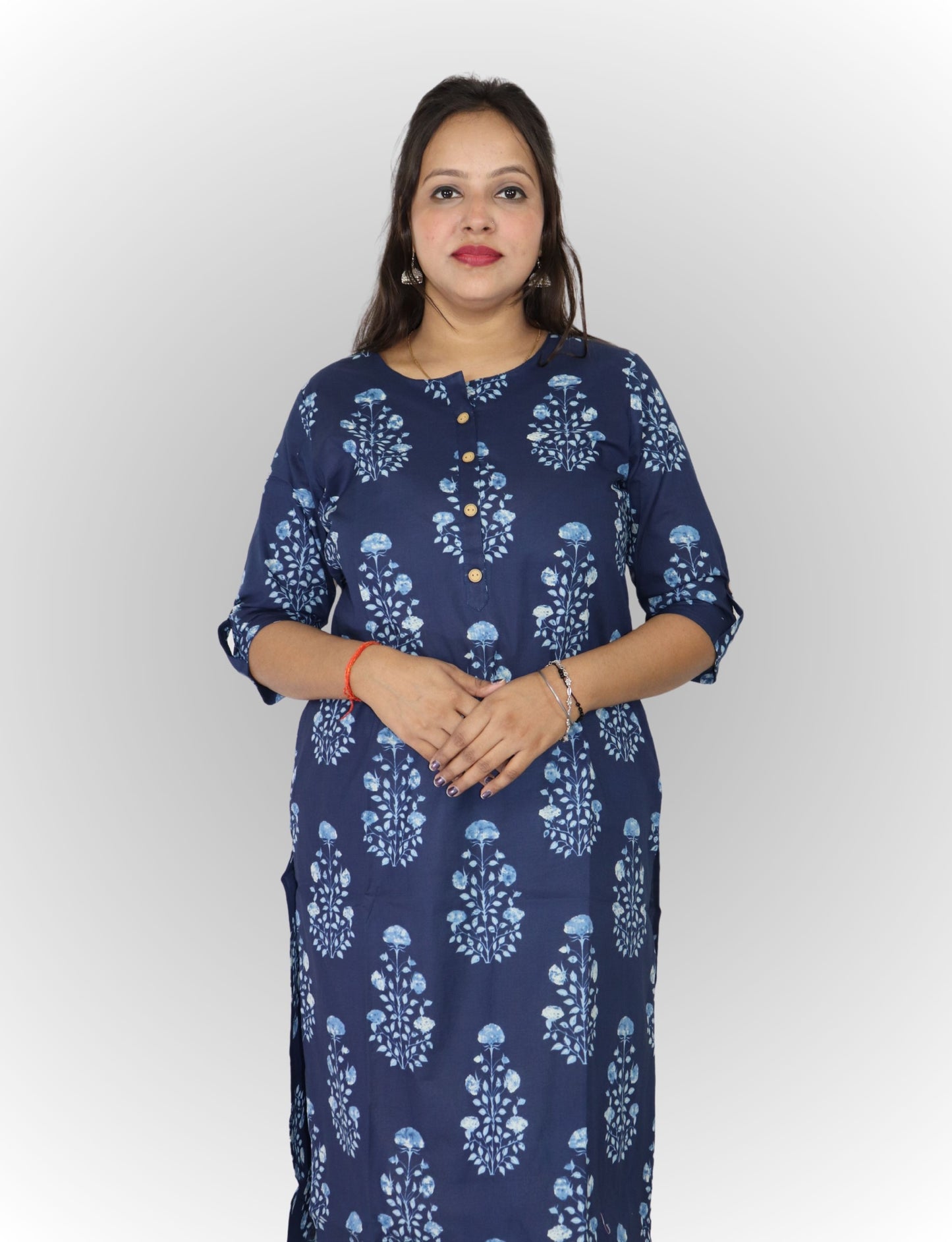 Vedickulture Women's Floral Print Cotton Kurti, Navy Blue with Light Blue Pattern, 3/4 Sleeves, Button Front Search this page
