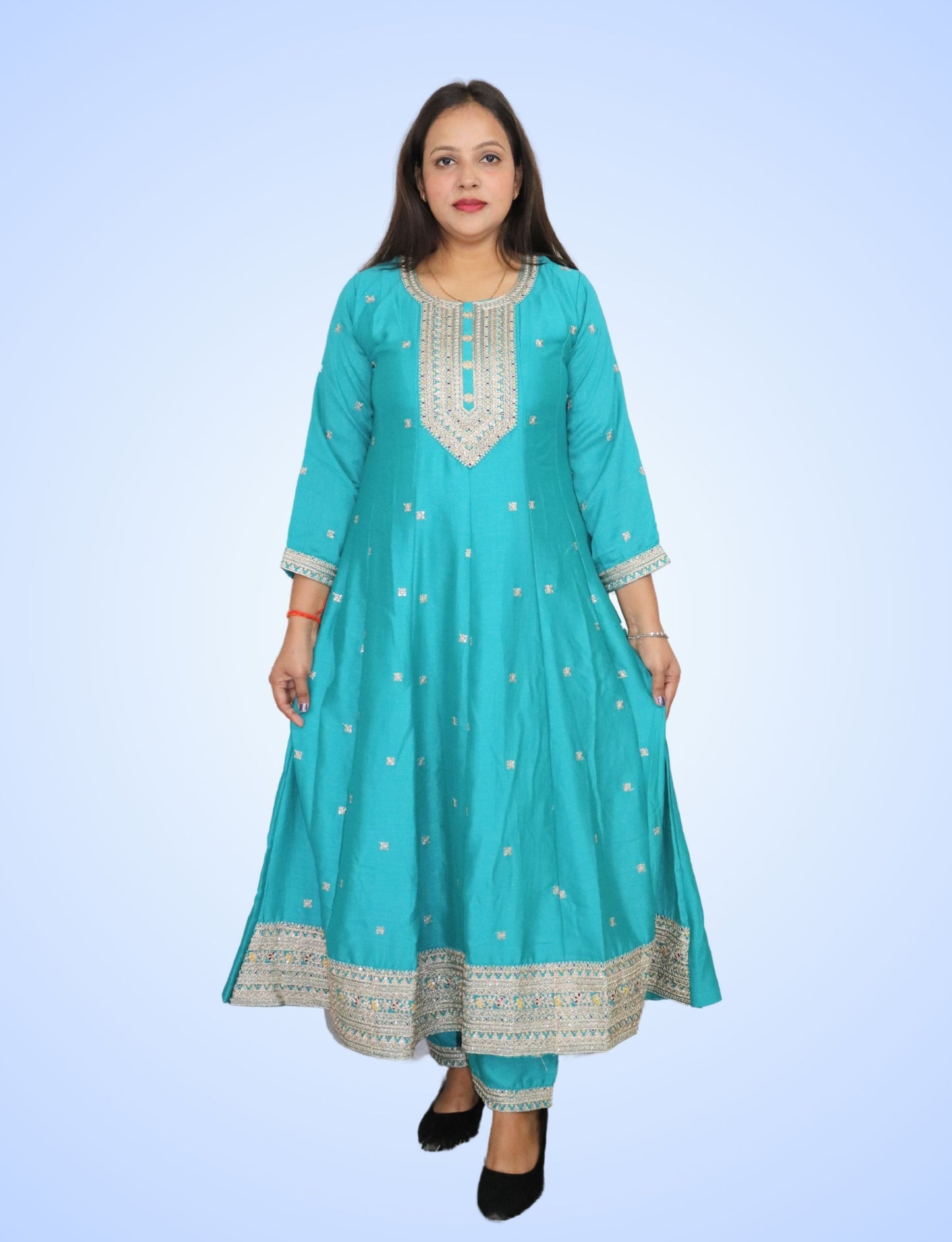 Traditional Turquoise Embroidered Anarkali Suit Set with Yellow Dupatta, 3-Piece Ethnic Wear