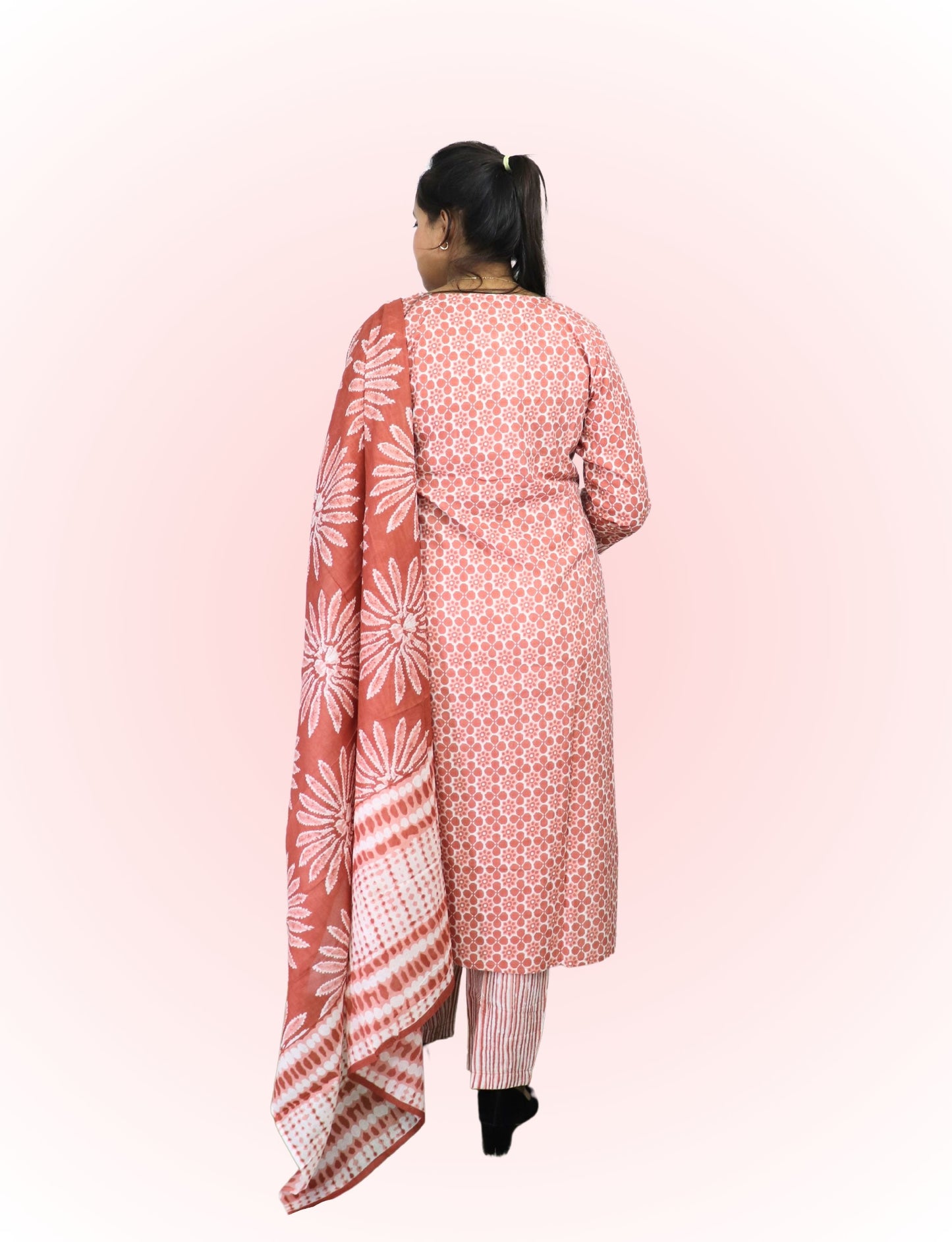 Cotton Printed Salwar Suit Set, Coral Pink Floral Pattern, 3/4 Sleeve Kurta with Salwar and Dupatta
