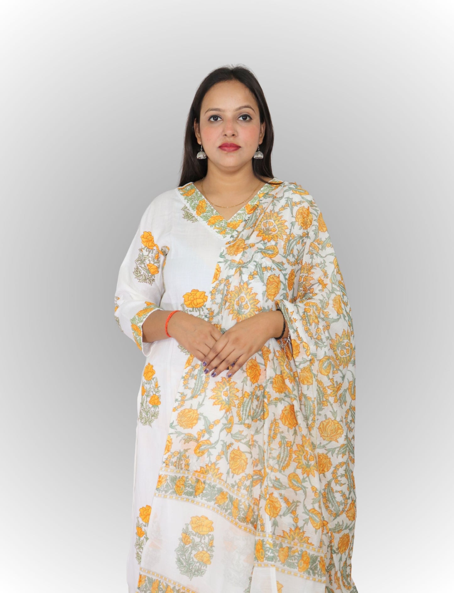 Women's White Cotton Kurta Set with Yellow Floral Print, Traditional Dupatta