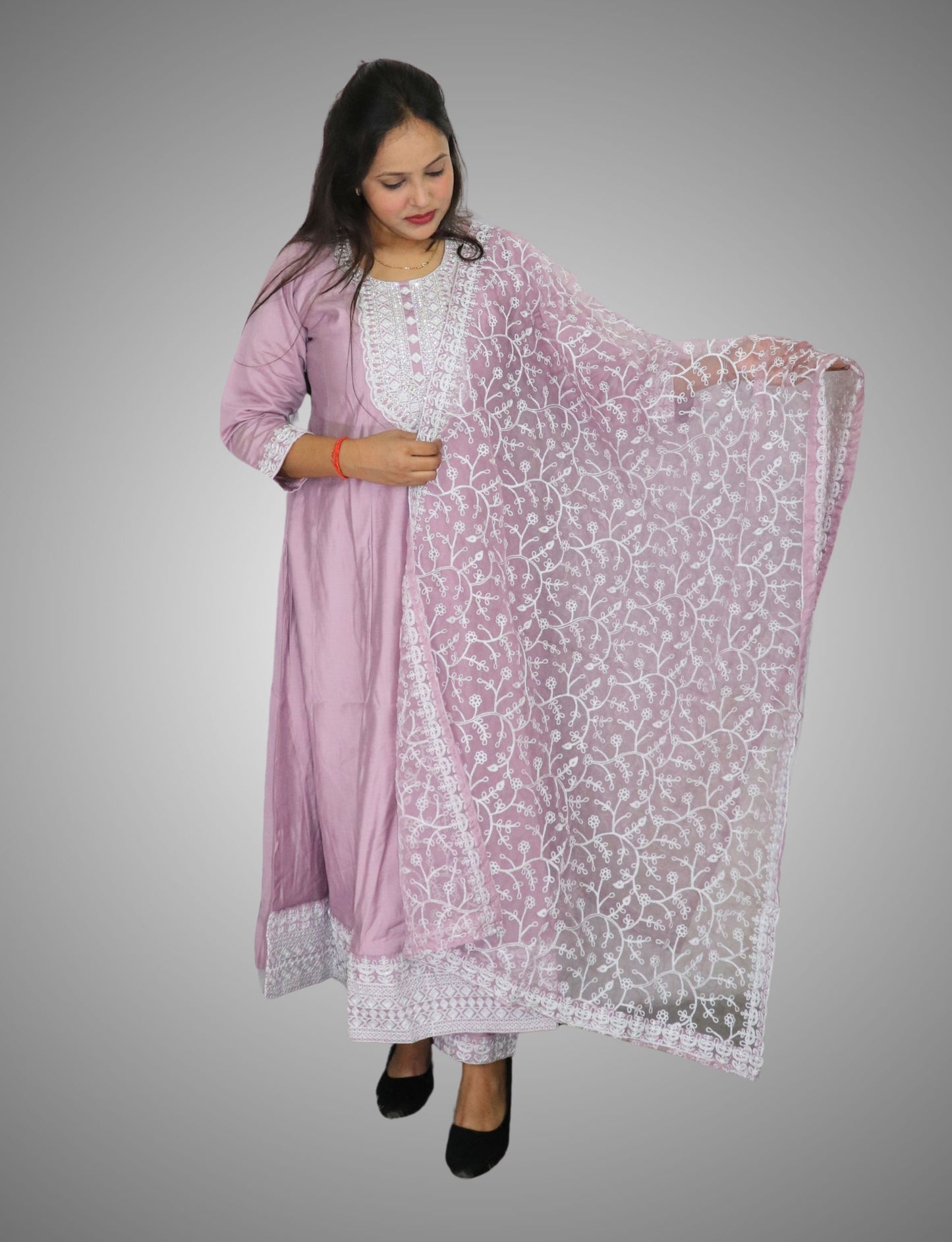 Traditional Embroidered Cotton Anarkali Suit Set, Lilac Purple with White Thread Work, 3 Piece