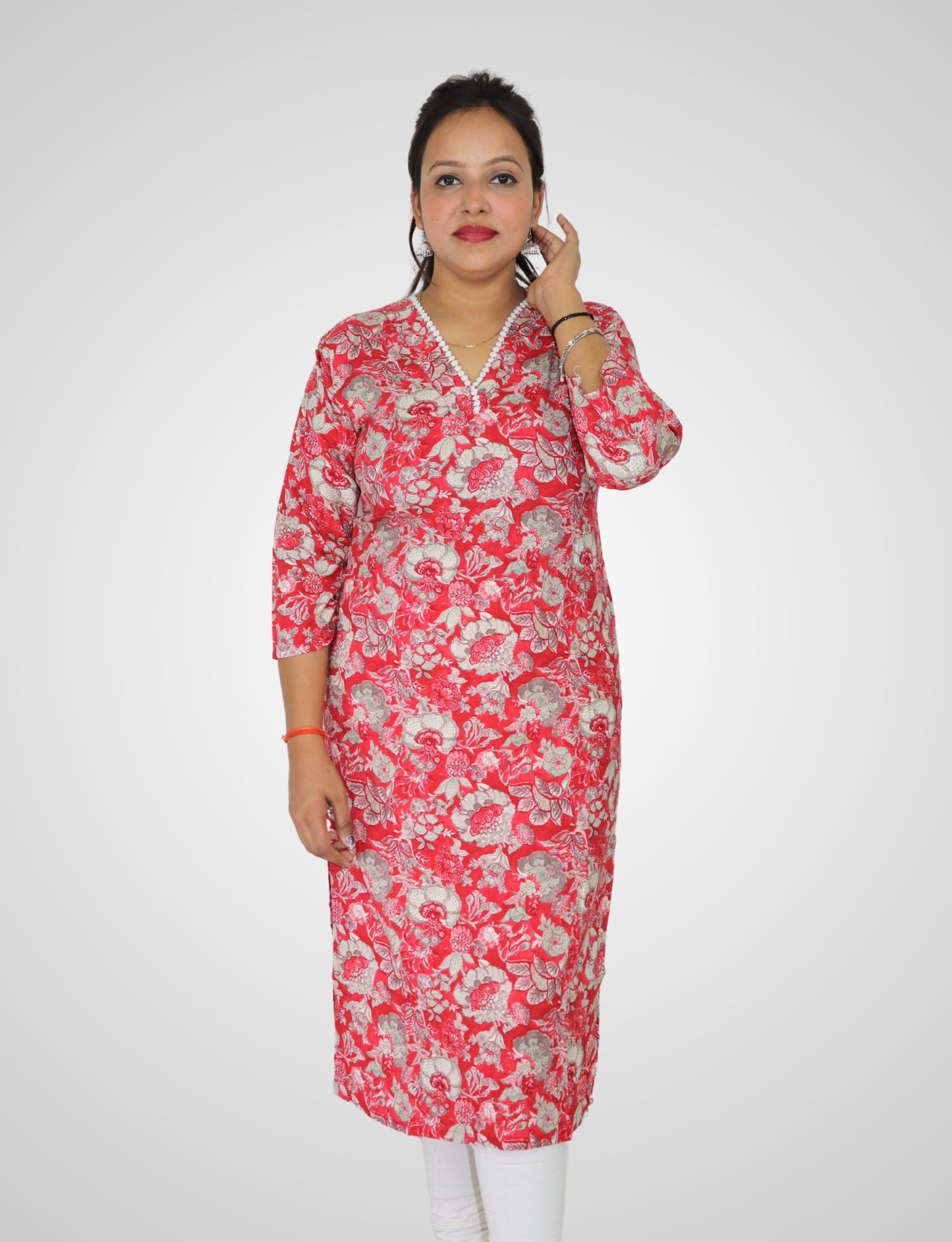 Floral Print Cotton Kurti with Pearl V-Neck, 3/4 Sleeves, Red and Grey, Casual Wear