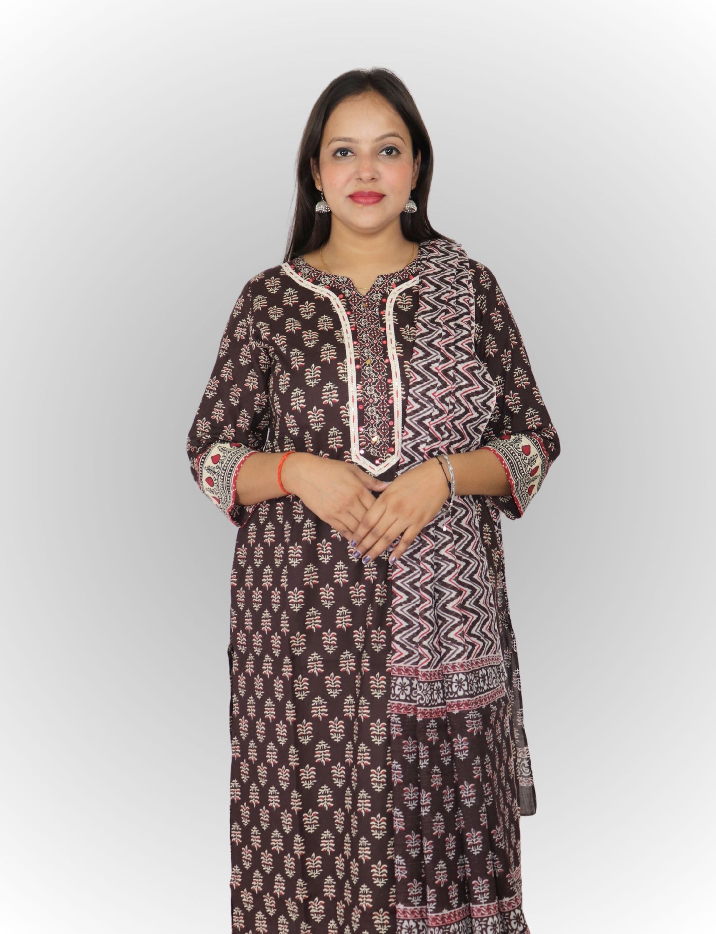 Traditional Block Print Cotton Kurta Set with Chevron Design, Brown and Pink