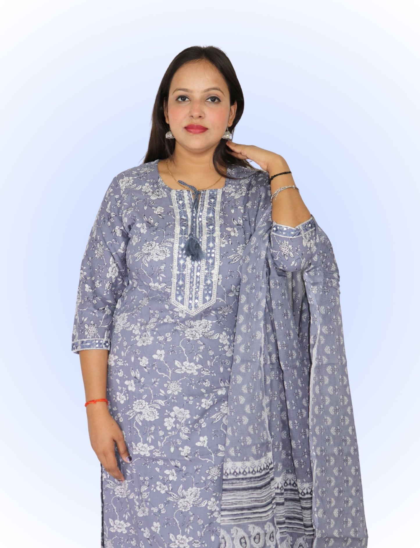 Women's Floral Print Cotton Salwar Suit Set, Grey and White, with Dupatta