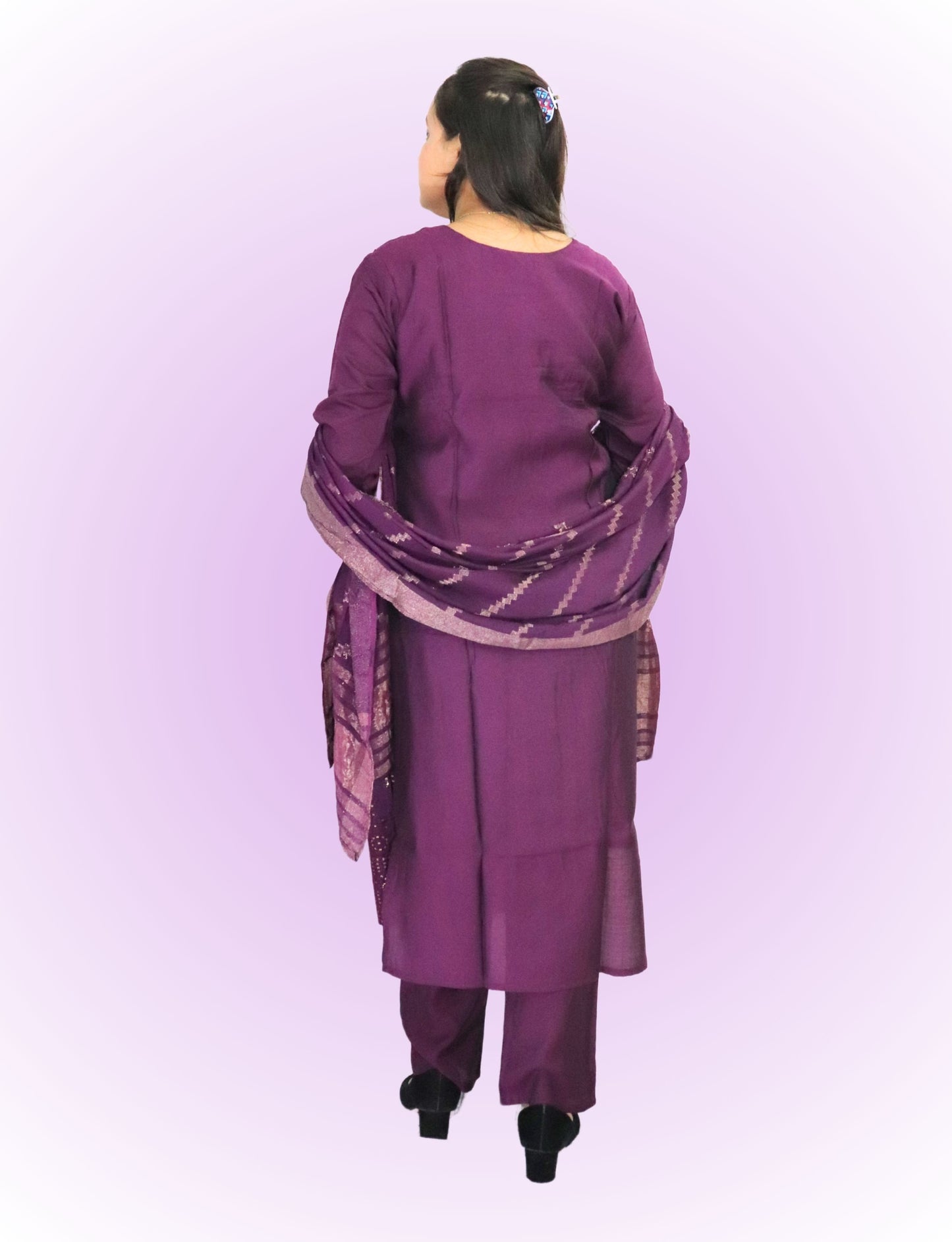 Traditional Purple Cotton Salwar Suit Set with Embroidered Kurta, Salwar and Dupatta