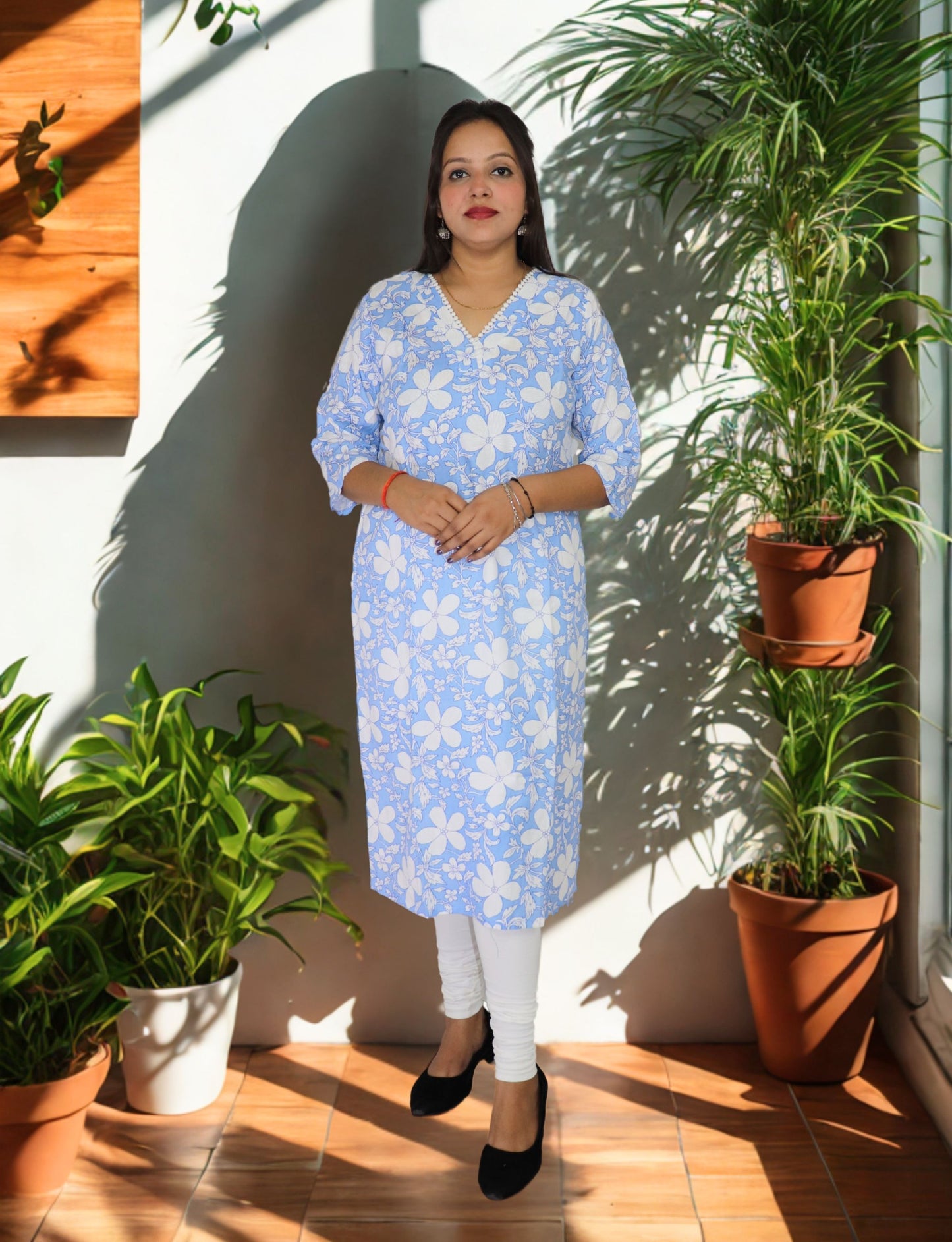 Floral Print Cotton Kurti with V-Neck, 3/4 Sleeves, Light Blue and White