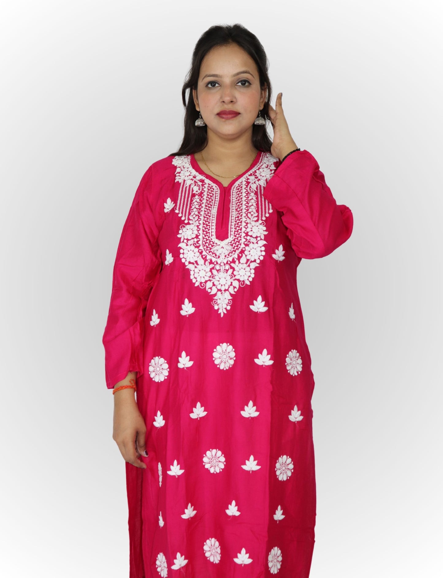 Traditional Embroidered Cotton Kurti, Pink with Floral Design, Long Sleeves
