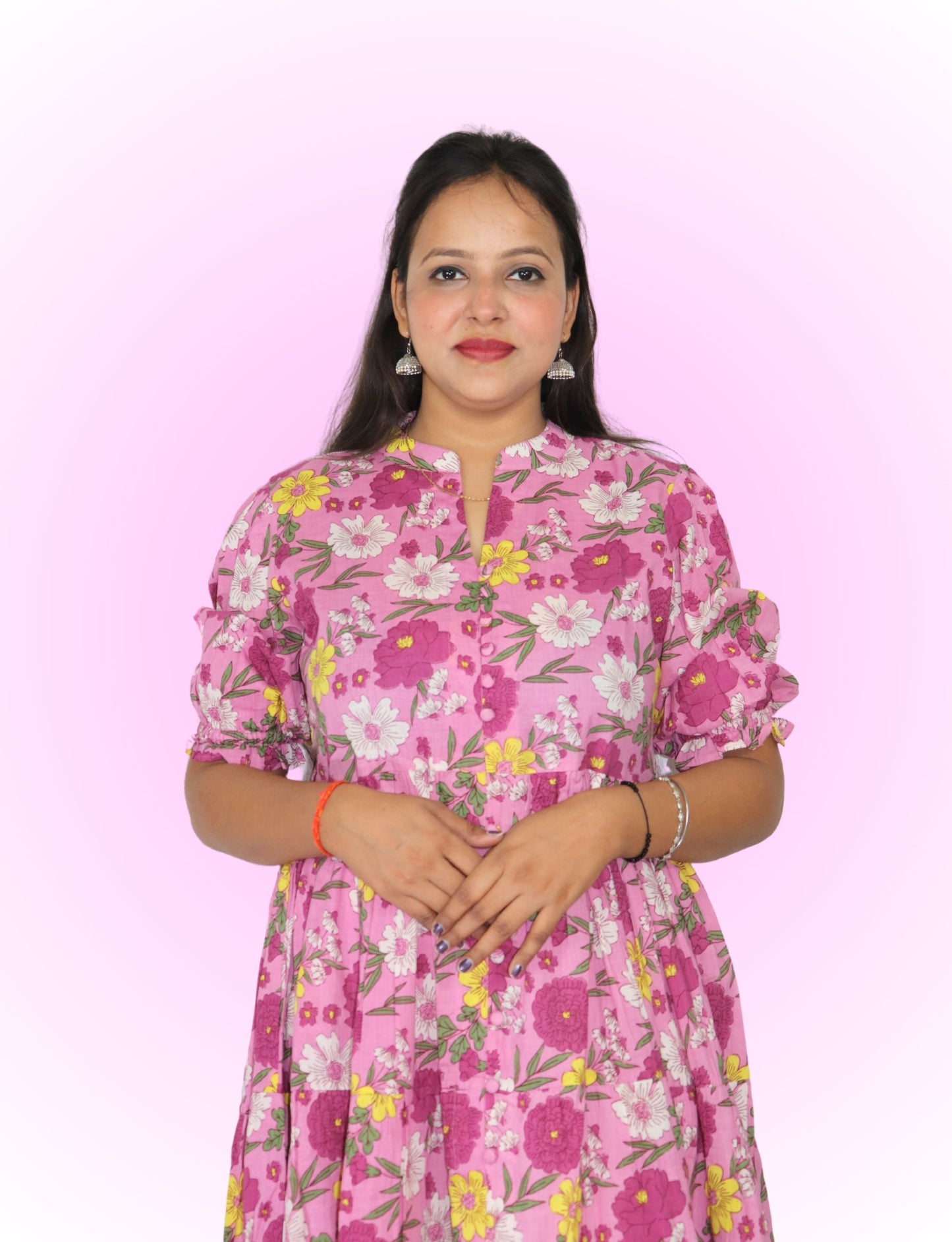 Floral Anarkali Kurti with Puff Sleeves, Pink Floral Print, Mandarin Collar, Tiered Design