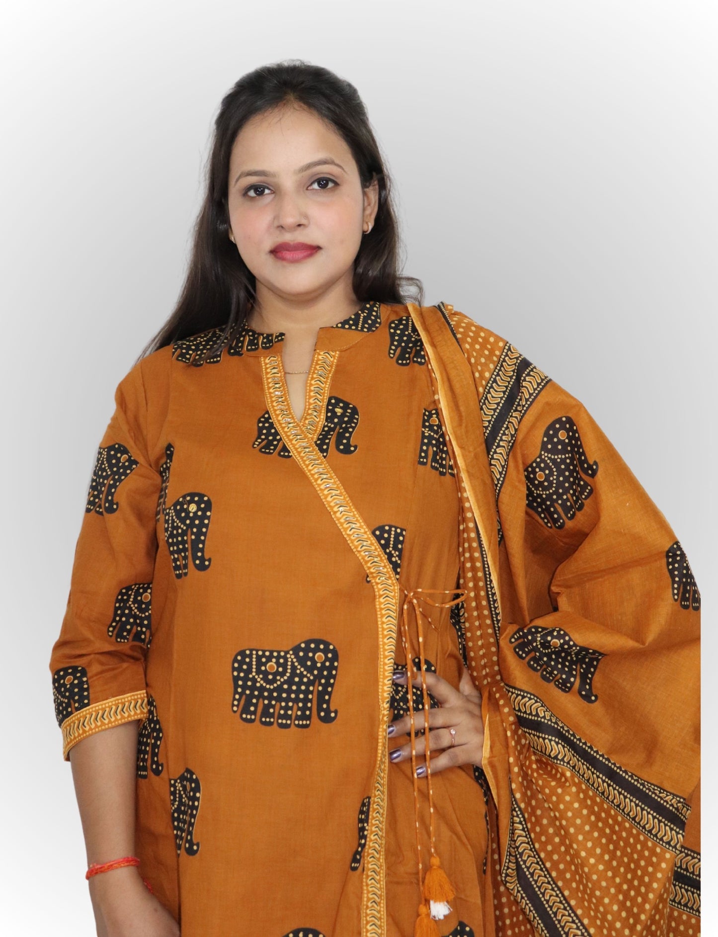 Traditional Elephant Print Angrakha Kurta Set with Pants, Cotton, 3/4 Sleeve