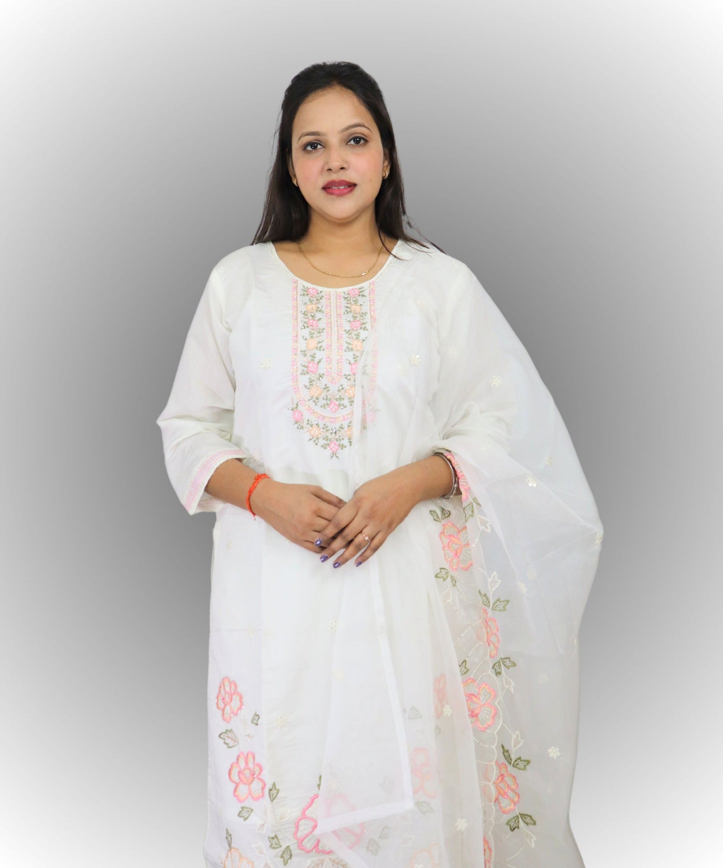 Women's White Cotton Salwar Suit Set with Pink Floral Embroidery, Traditional Indian Kurta with Dupatta