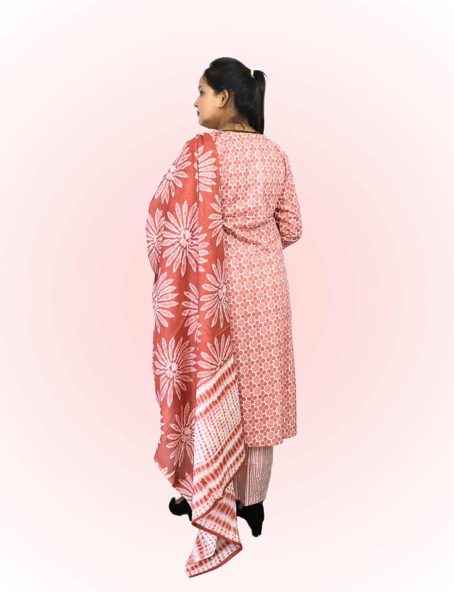 Cotton Printed Salwar Suit Set, Coral Pink Floral Pattern, 3/4 Sleeve Kurta with Salwar and Dupatta