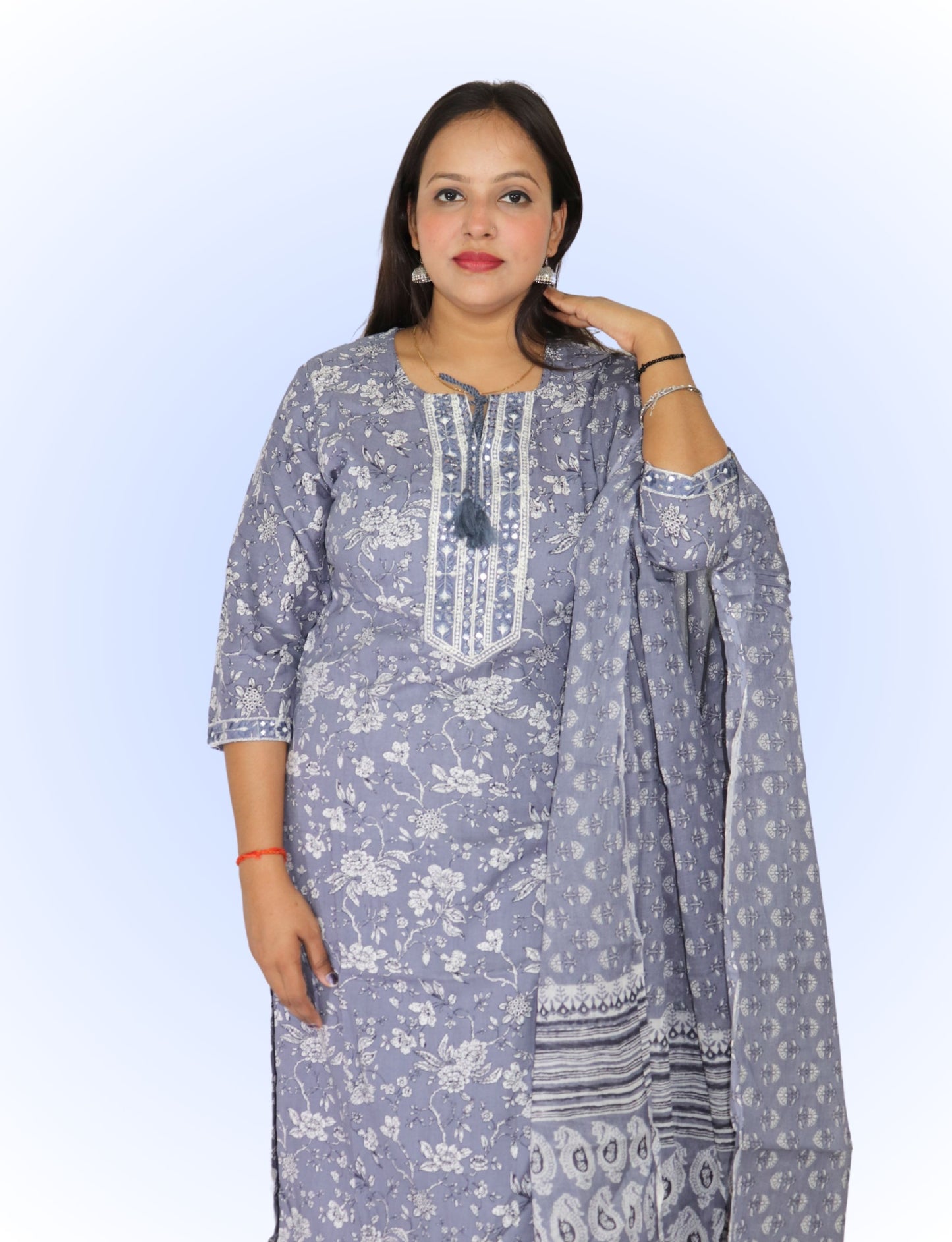 Women's Floral Print Cotton Salwar Suit Set, Grey and White, with Dupatta