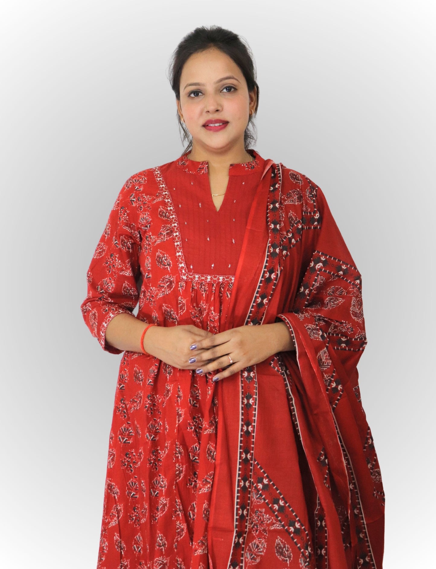 Traditional Red Cotton Salwar Suit Set with Floral Print, 3/4 Sleeves
