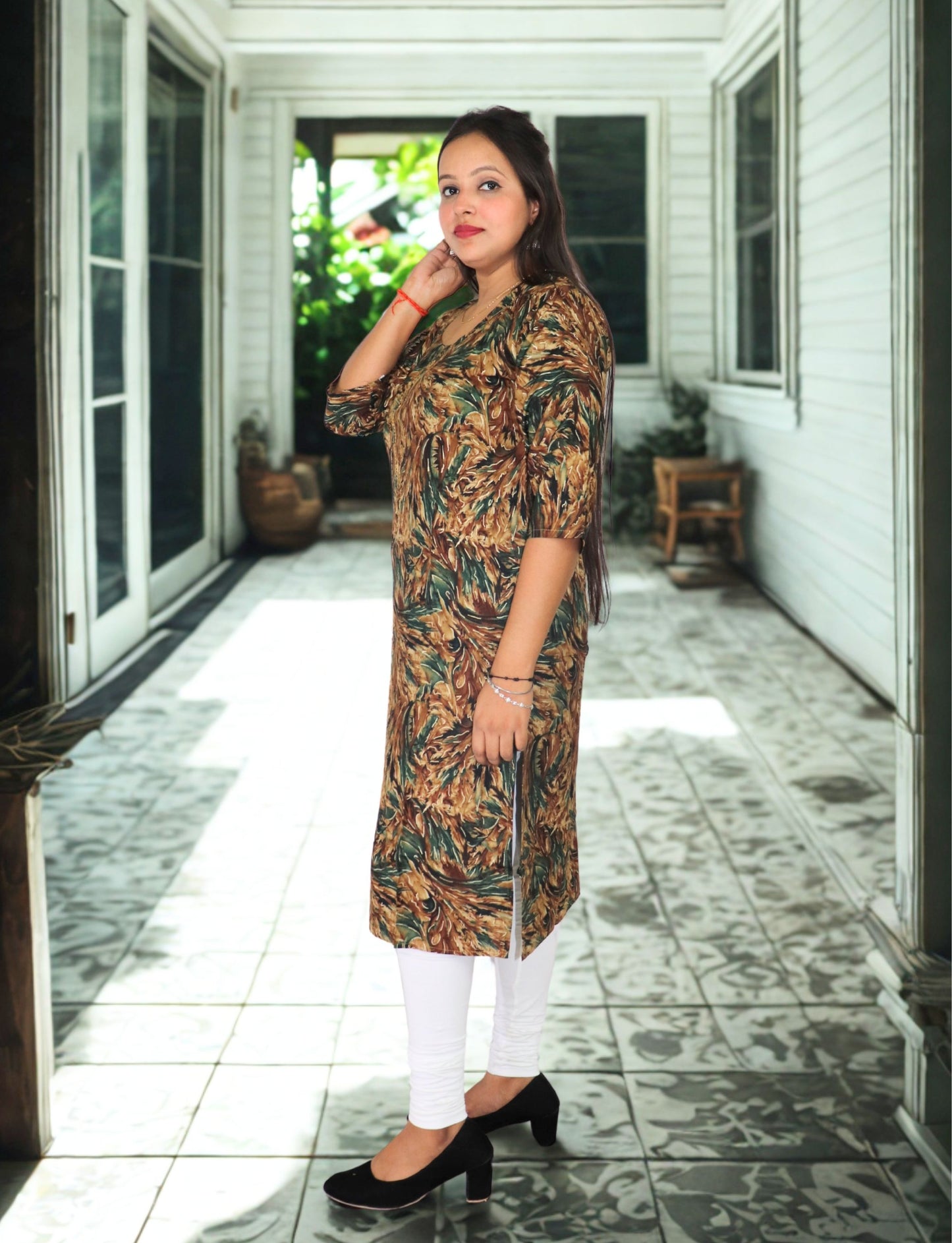 Women's Printed Cotton Kurti, 3/4 Sleeve, Brown and Green Leaf Pattern, Casual Wear