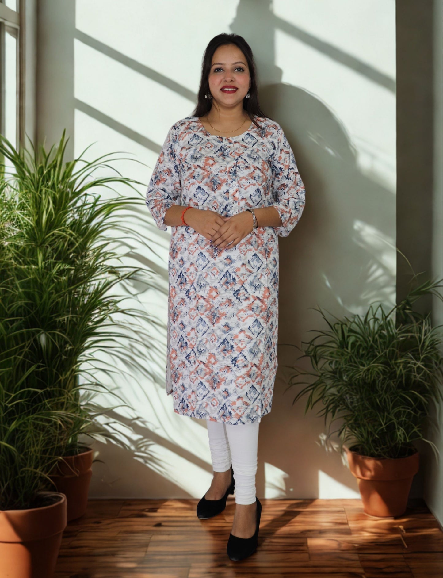 Women's Cotton Kurti with Geometric Print, 3/4 Sleeve, Casual Wear