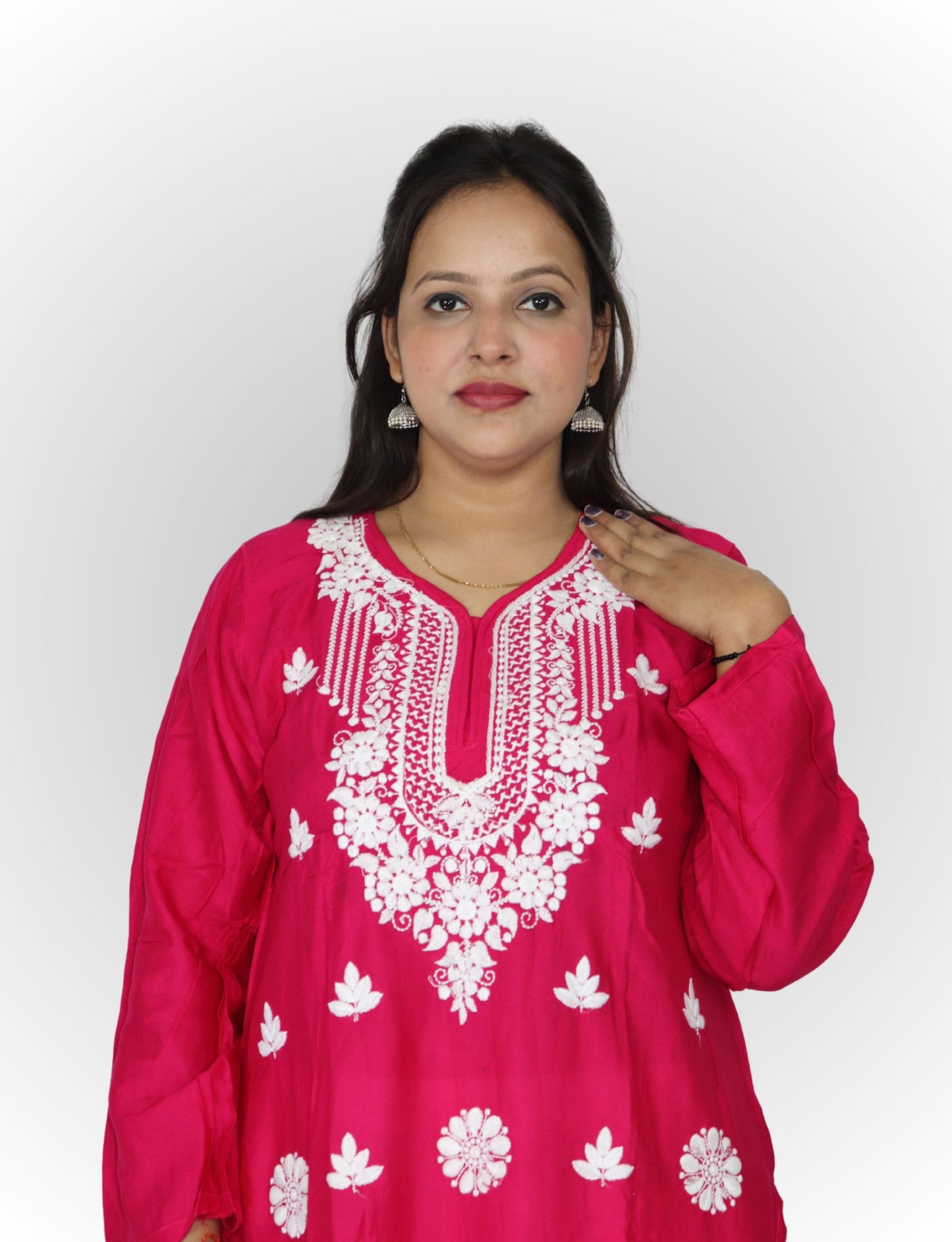 Traditional Embroidered Cotton Kurti, Pink with Floral Design, Long Sleeves