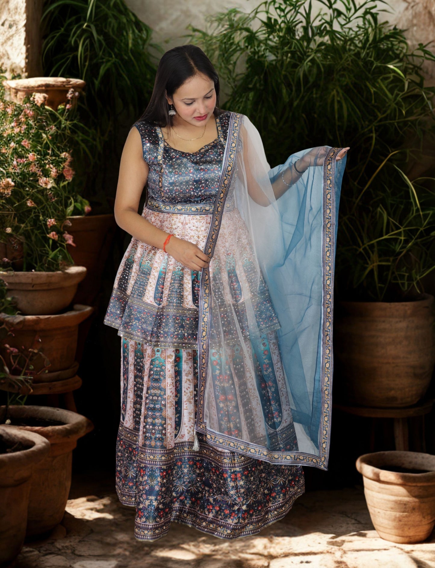 Lehenga Choli Set with Floral Print, Blue and White Embroidered, Net Dupatta