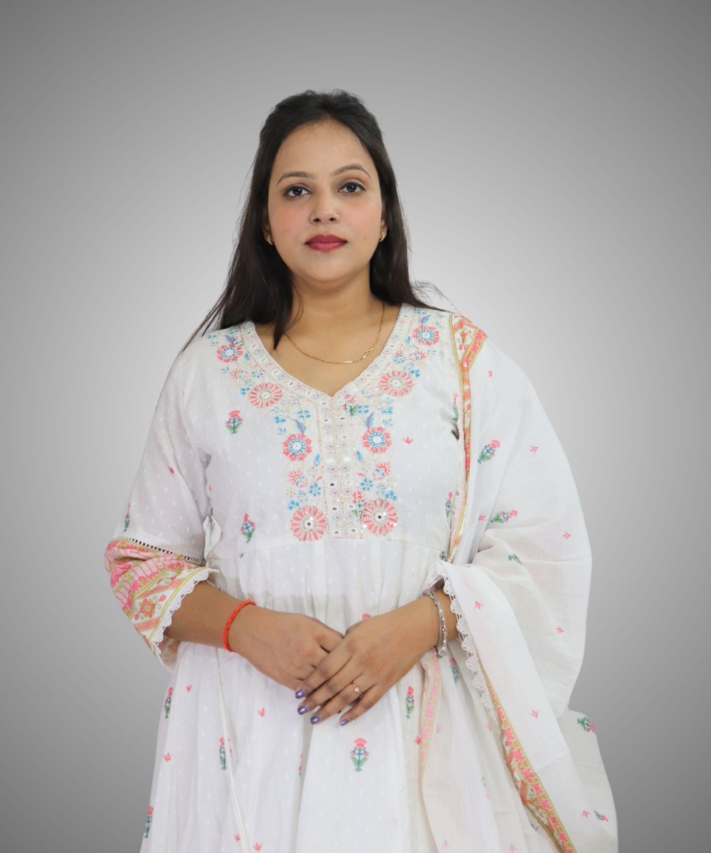 Vedickulture White Cotton Anarkali Suit with Floral Embroidery for Women, Evening wear, 3/4 Sleeves, Dupatta and Pants Set