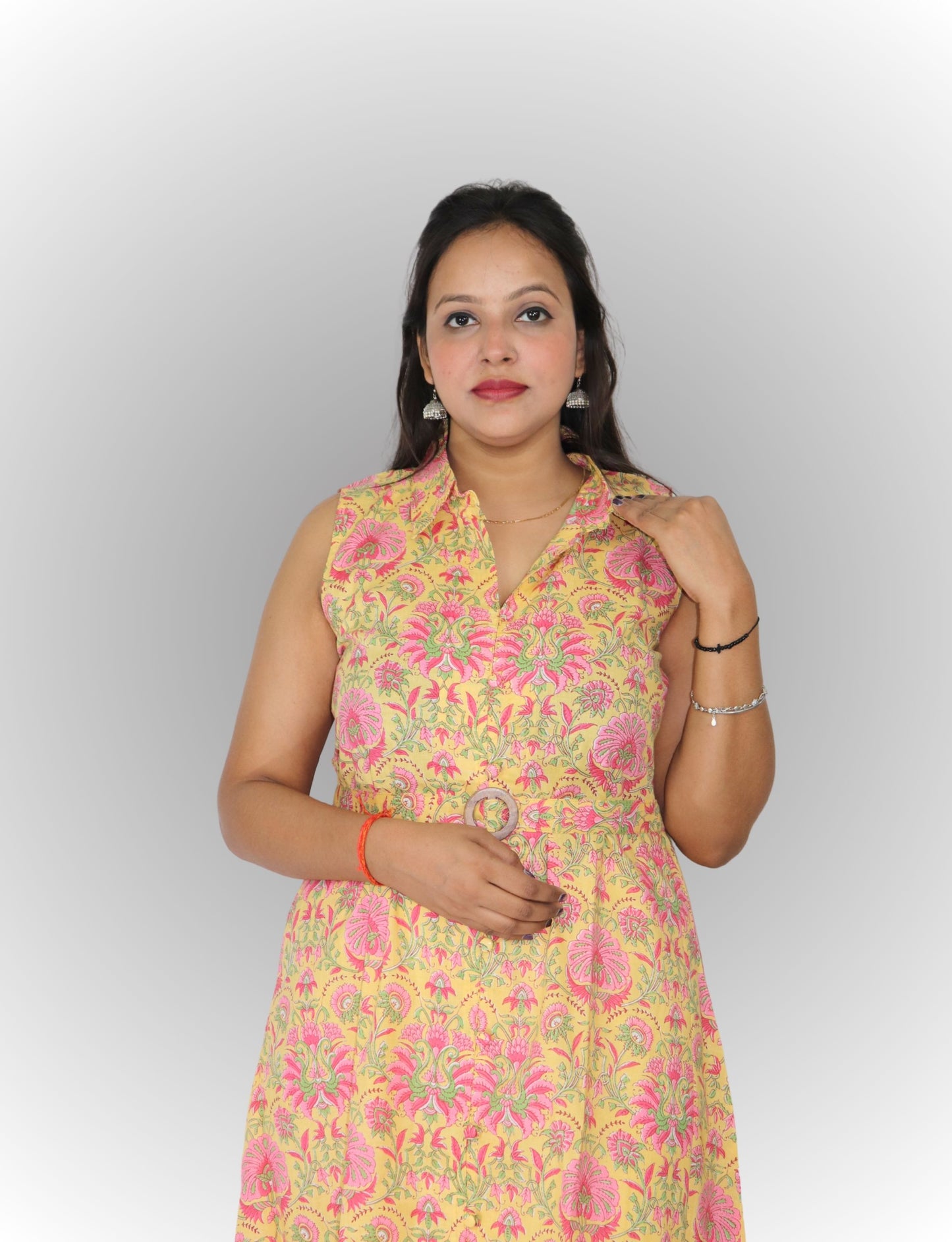 Vedickulture Floral Print Sleeveless Long A-line Kurta, Yellow and Pink, Collared Neck with Belt