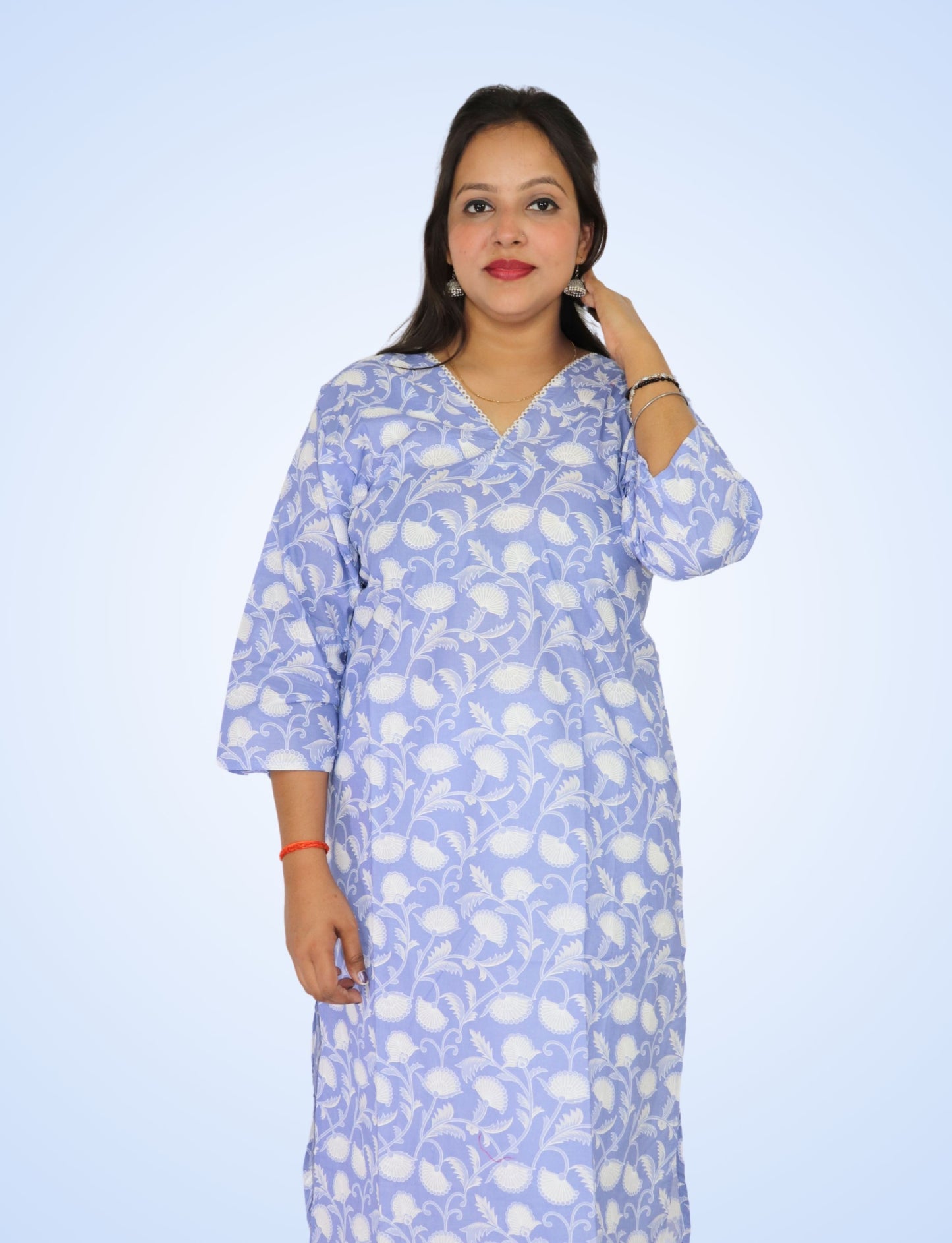 Vedickulture Floral Print Cotton Kurti, V-Neck, 3/4 Sleeve, Light Blue and White, Casual Wear
