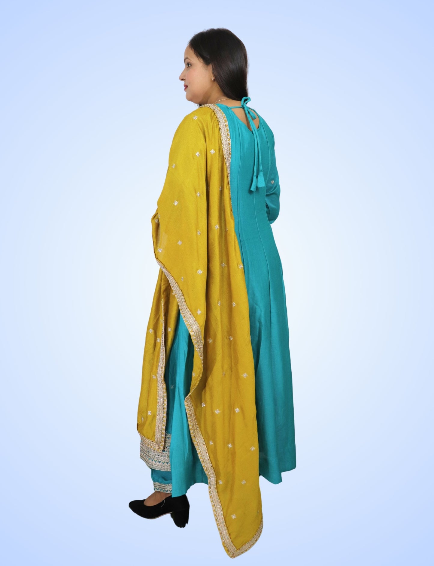 Traditional Turquoise Embroidered Anarkali Suit Set with Yellow Dupatta, 3-Piece Ethnic Wear