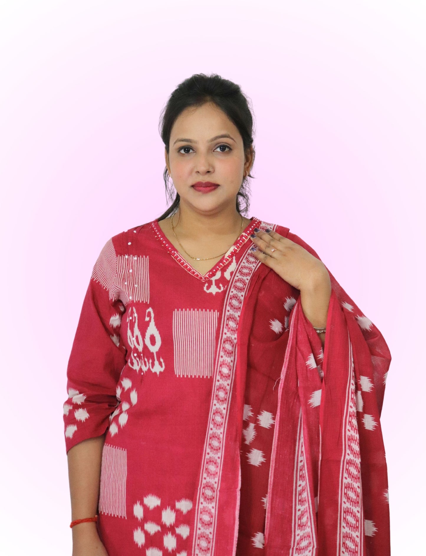 Traditional Salwar Suit Set with Dupatta, Red and White Printed, 3/4 Sleeve