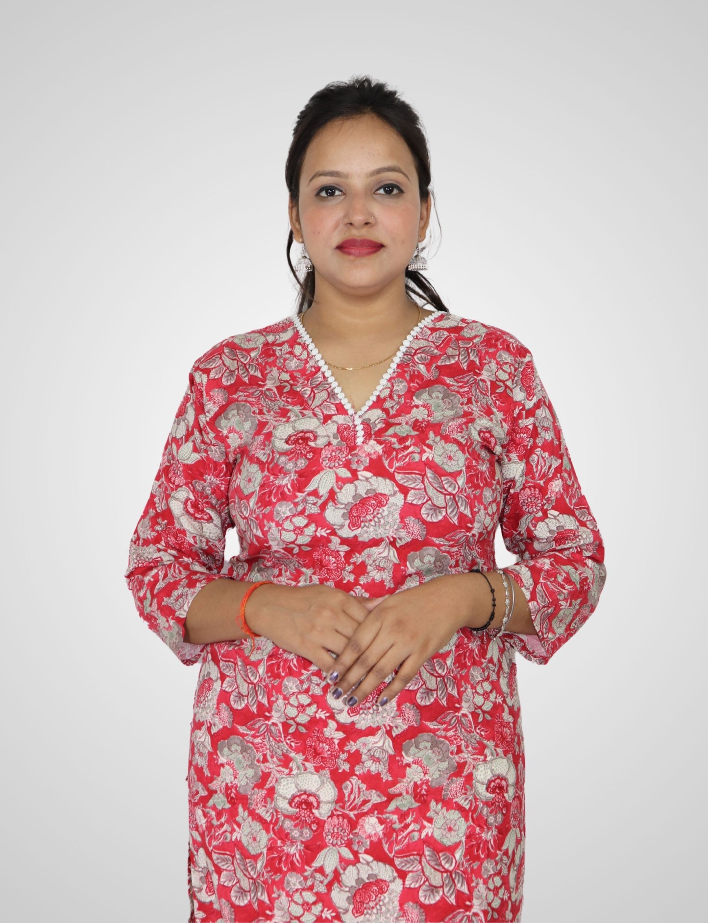 Floral Print Cotton Kurti with Pearl V-Neck, 3/4 Sleeves, Red and Grey, Casual Wear