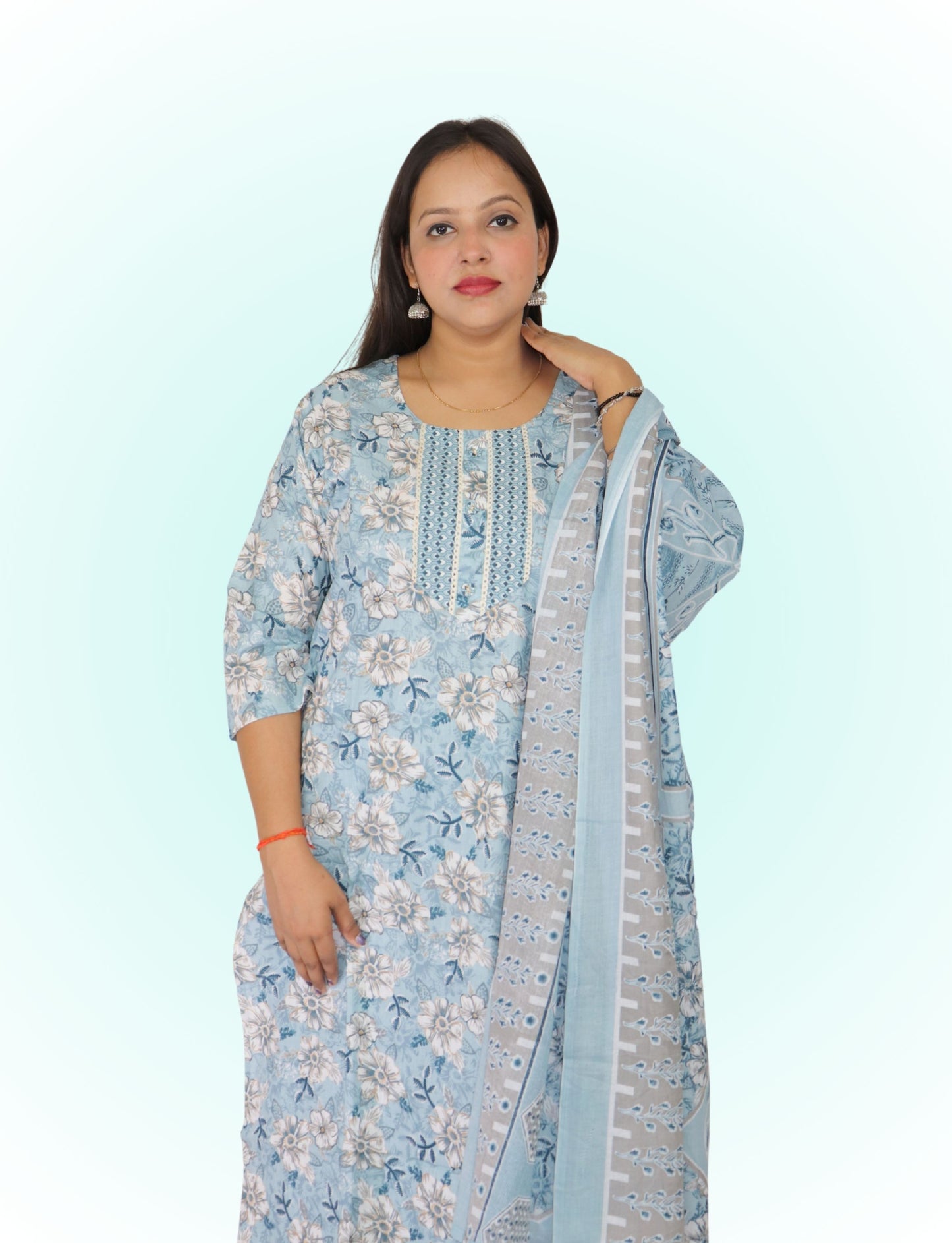 Floral Cotton Salwar Suit Set, Blue with Flowers, Matching Pants, Dupatta