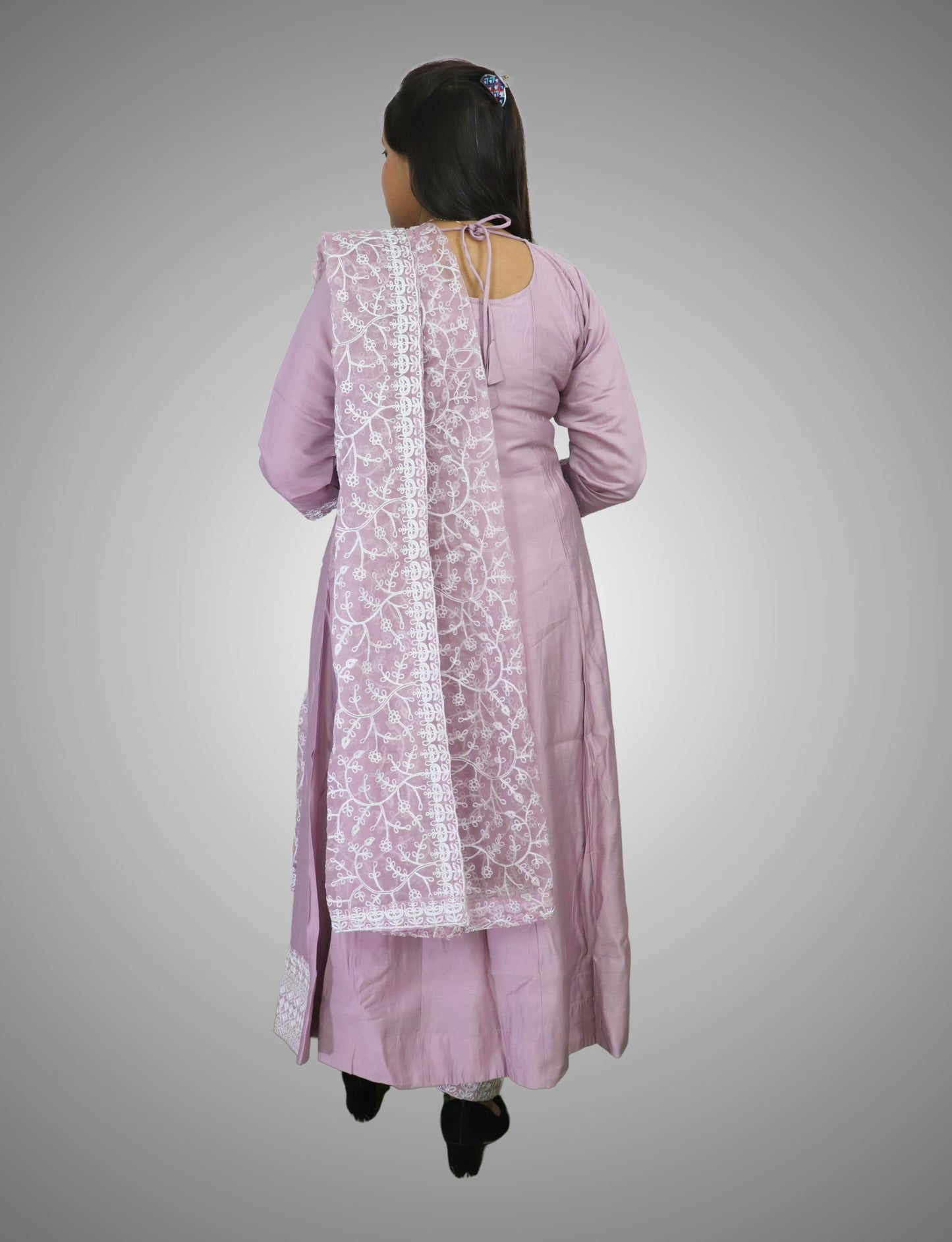 Traditional Embroidered Cotton Anarkali Suit Set, Lilac Purple with White Thread Work, 3 Piece