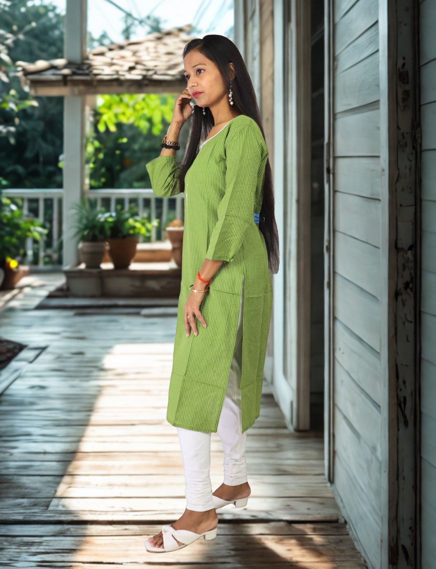 Vedickulture Women's Cotton Kurta with White Trim, Long Sleeve, Green Striped Pattern