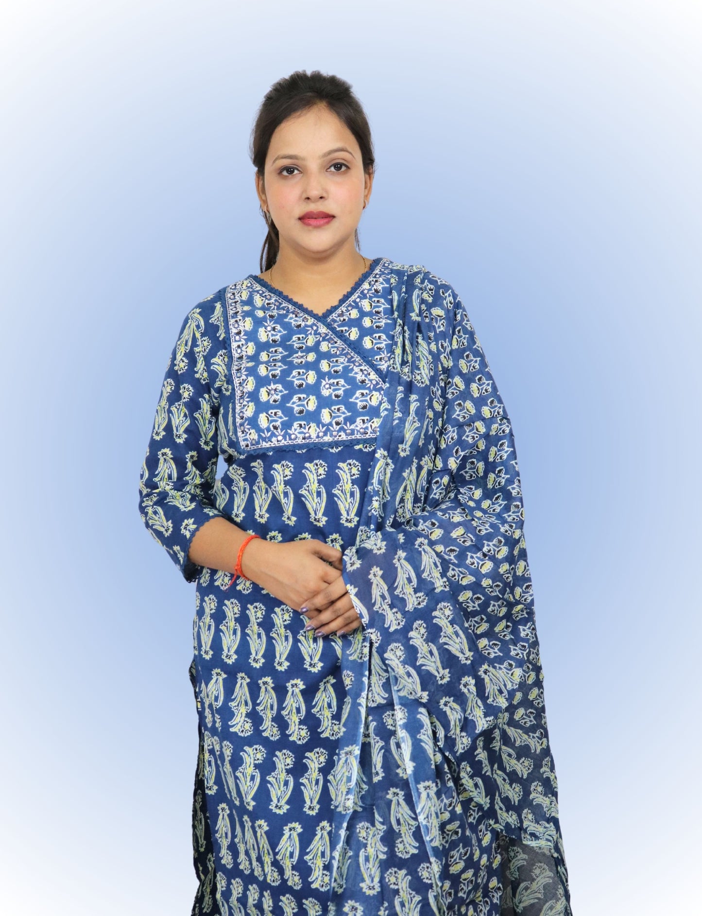 Vedickulture Traditional Cotton Salwar Kameez Set, Blue Block Print, V-Neck, Full Sleeves