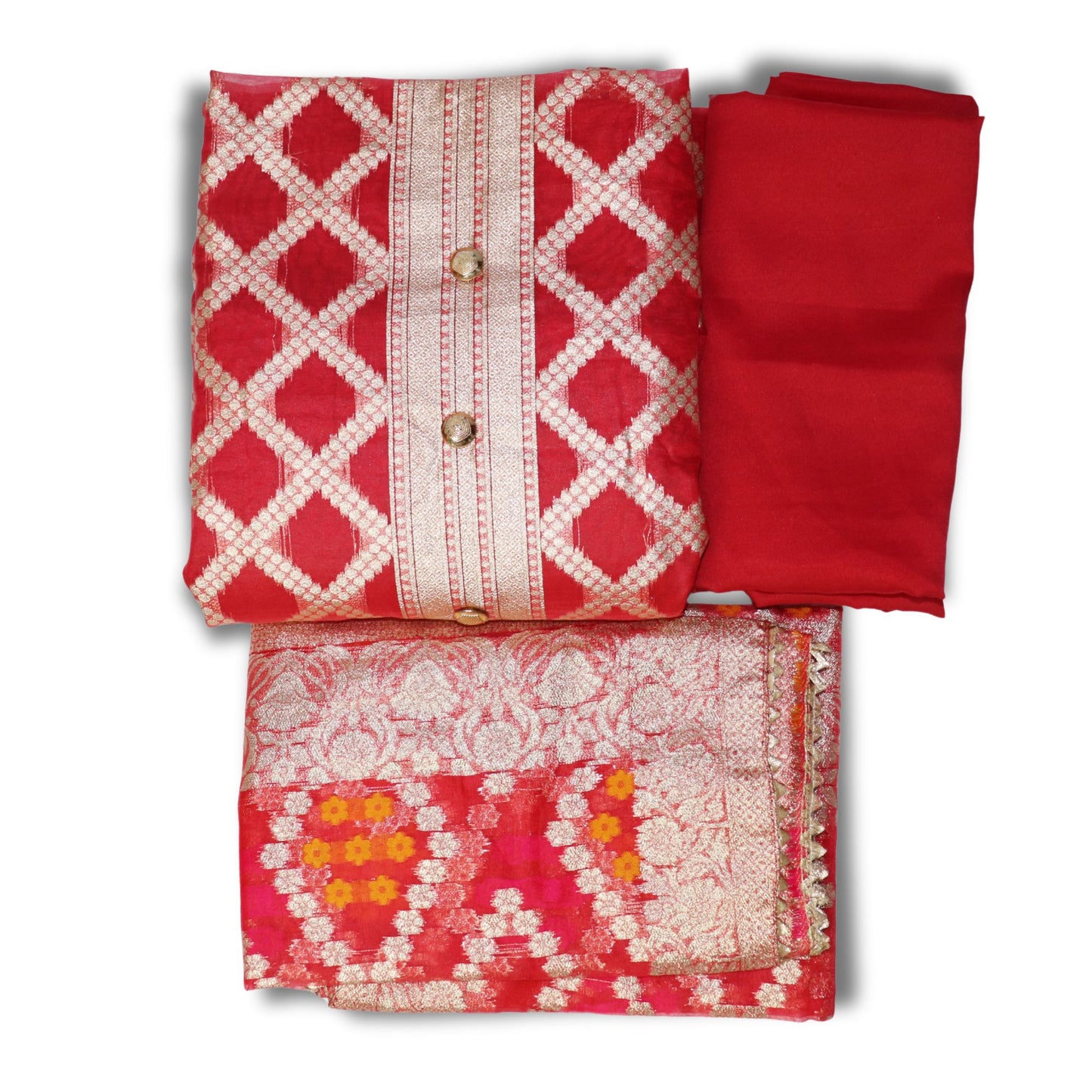 Unstitched partywear suits for women with golden print texture Red