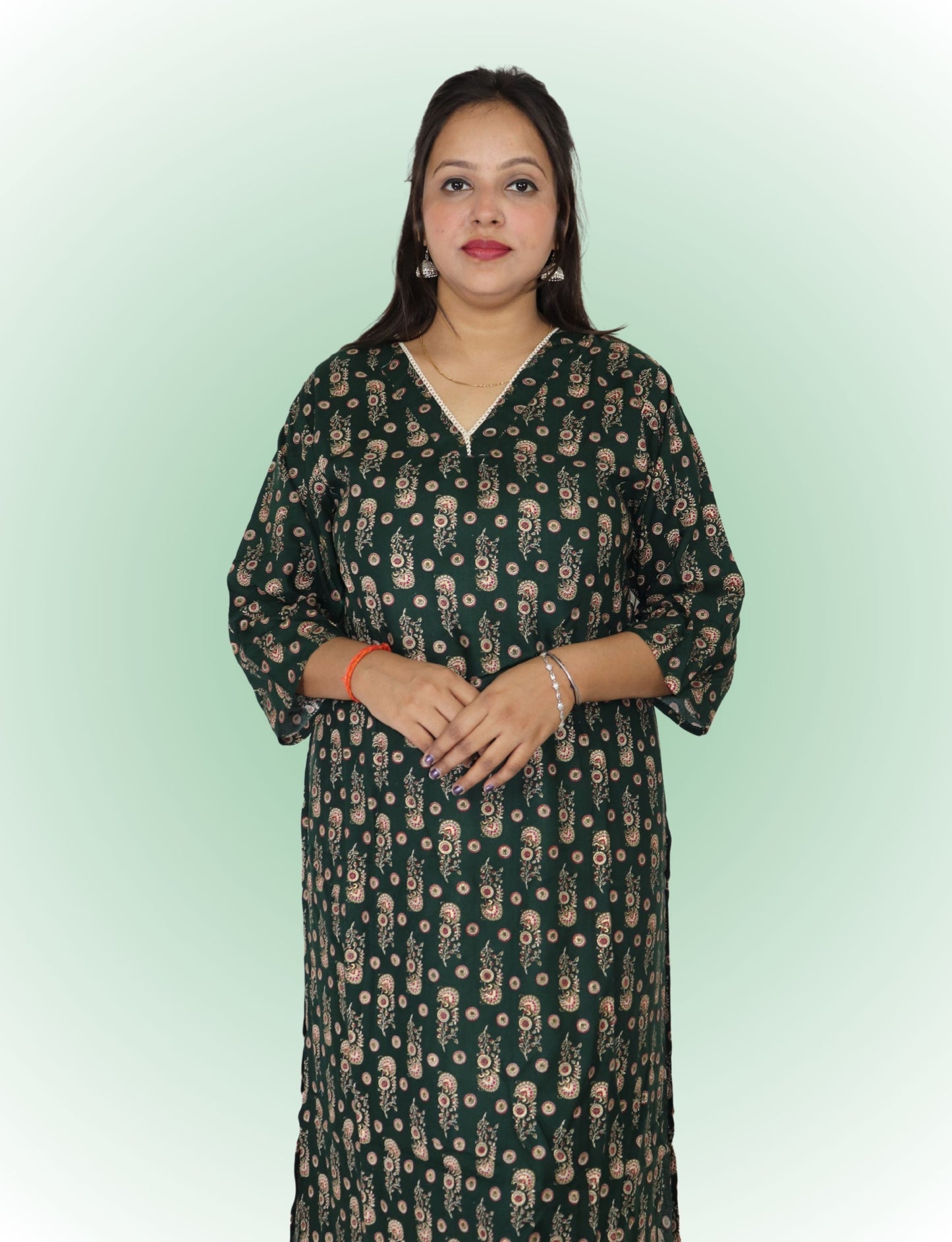 Vedickulture Women's Casual Floral Print Kurta, Dark Green with Paisley Pattern, V-Neck, 3/4 Sleeve