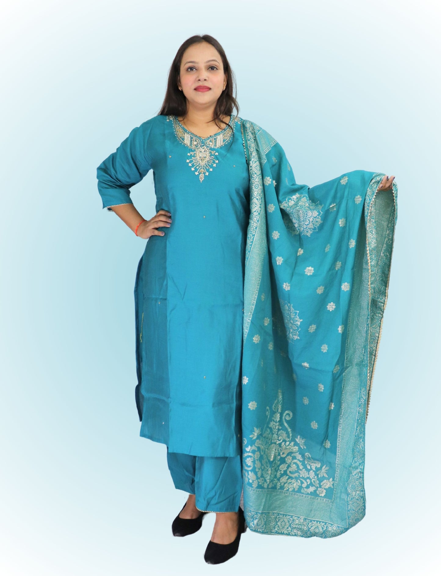 Traditional Turquoise Cotton blend with silk Salwar Suit with Embroidered Dupatta, Full Length