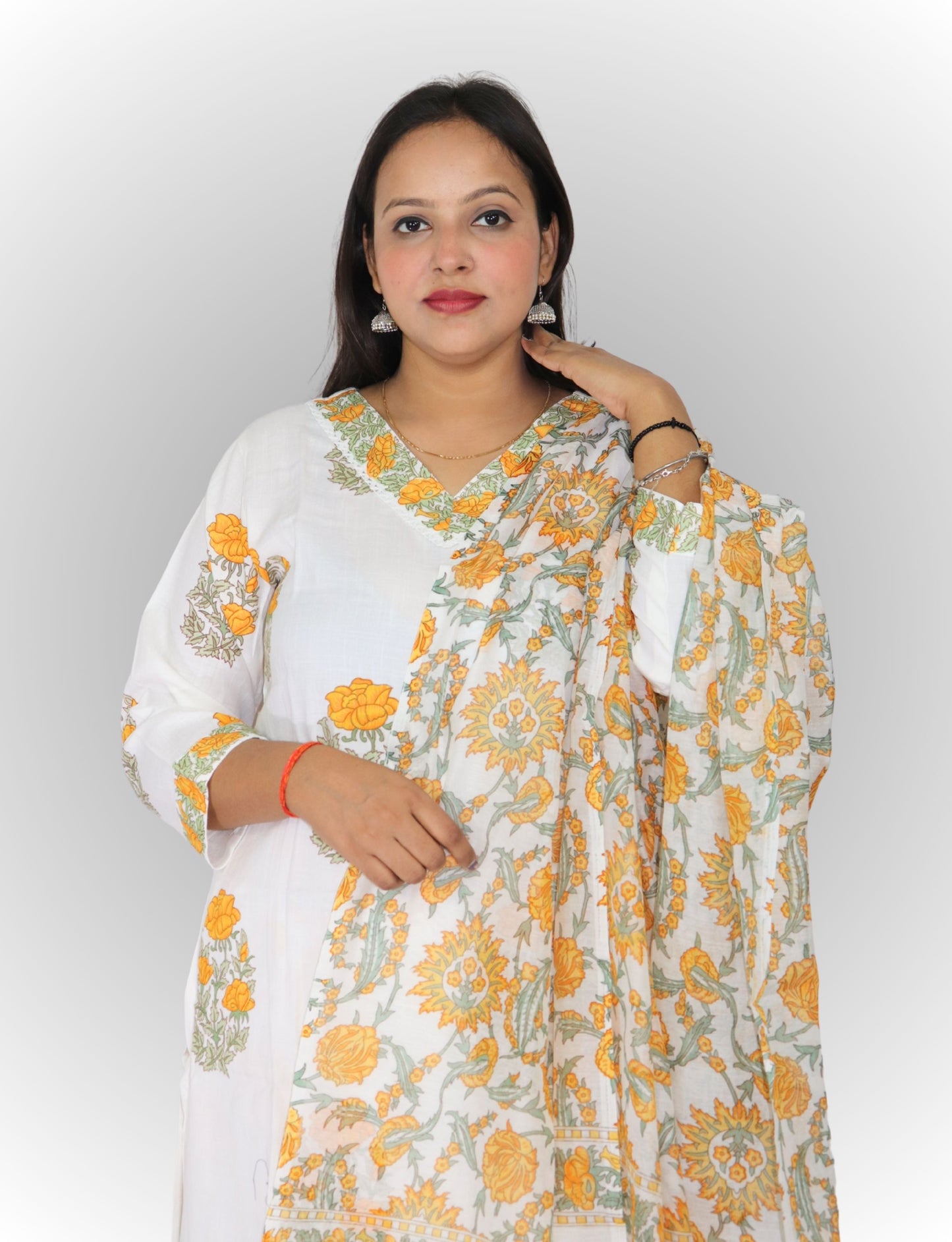 Women's White Cotton Kurta Set with Yellow Floral Print, Traditional Dupatta